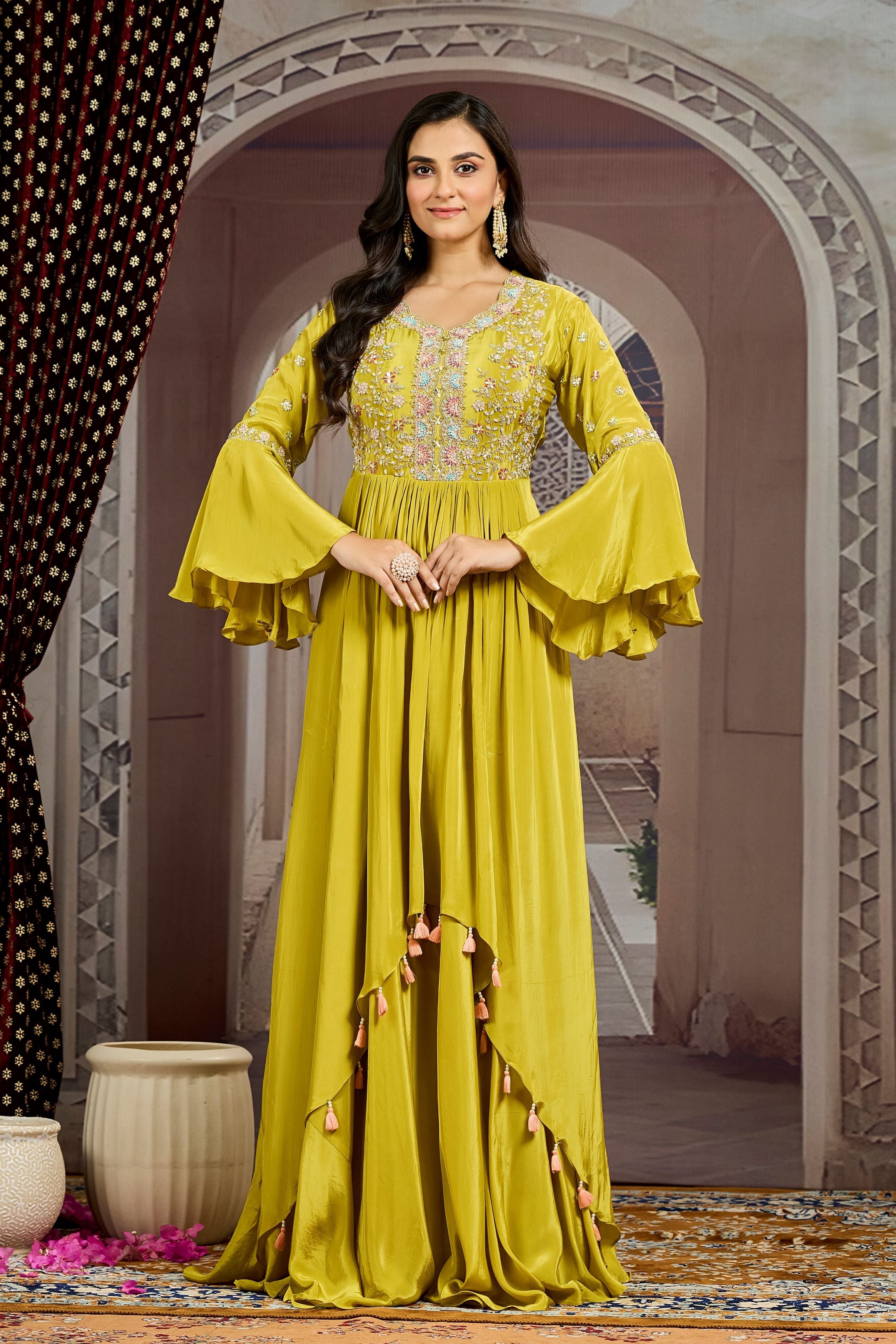 Pear Green Embellished Chinon Silk Gown