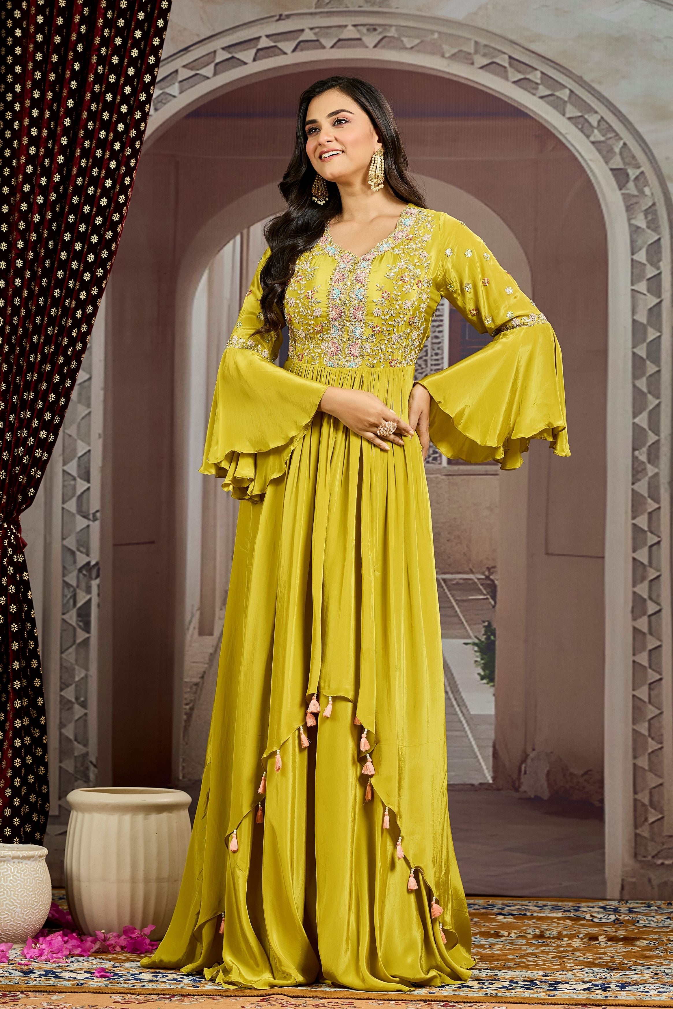 Pear Green Embellished Chinon Silk Gown