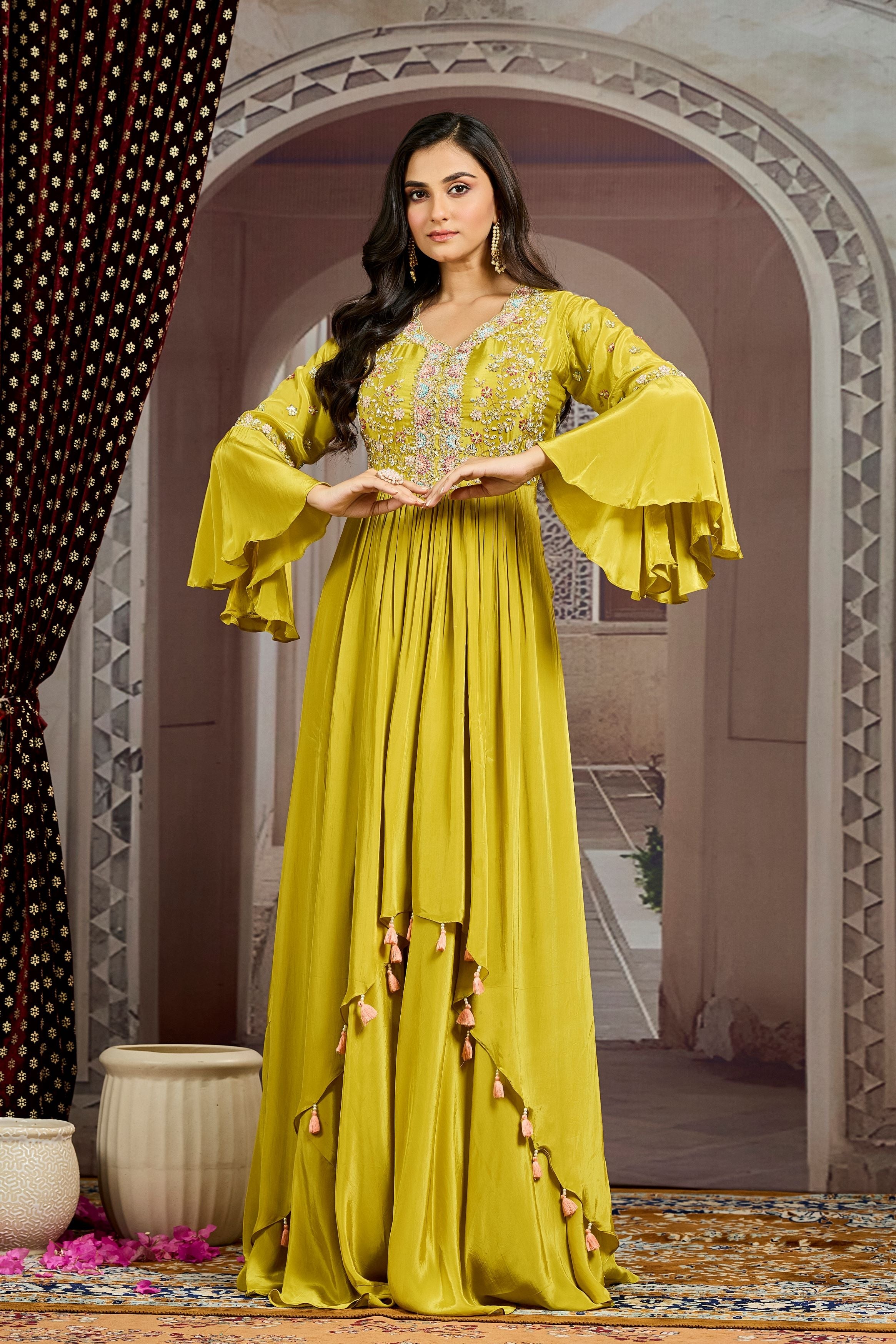 Pear Green Embellished Chinon Silk Gown