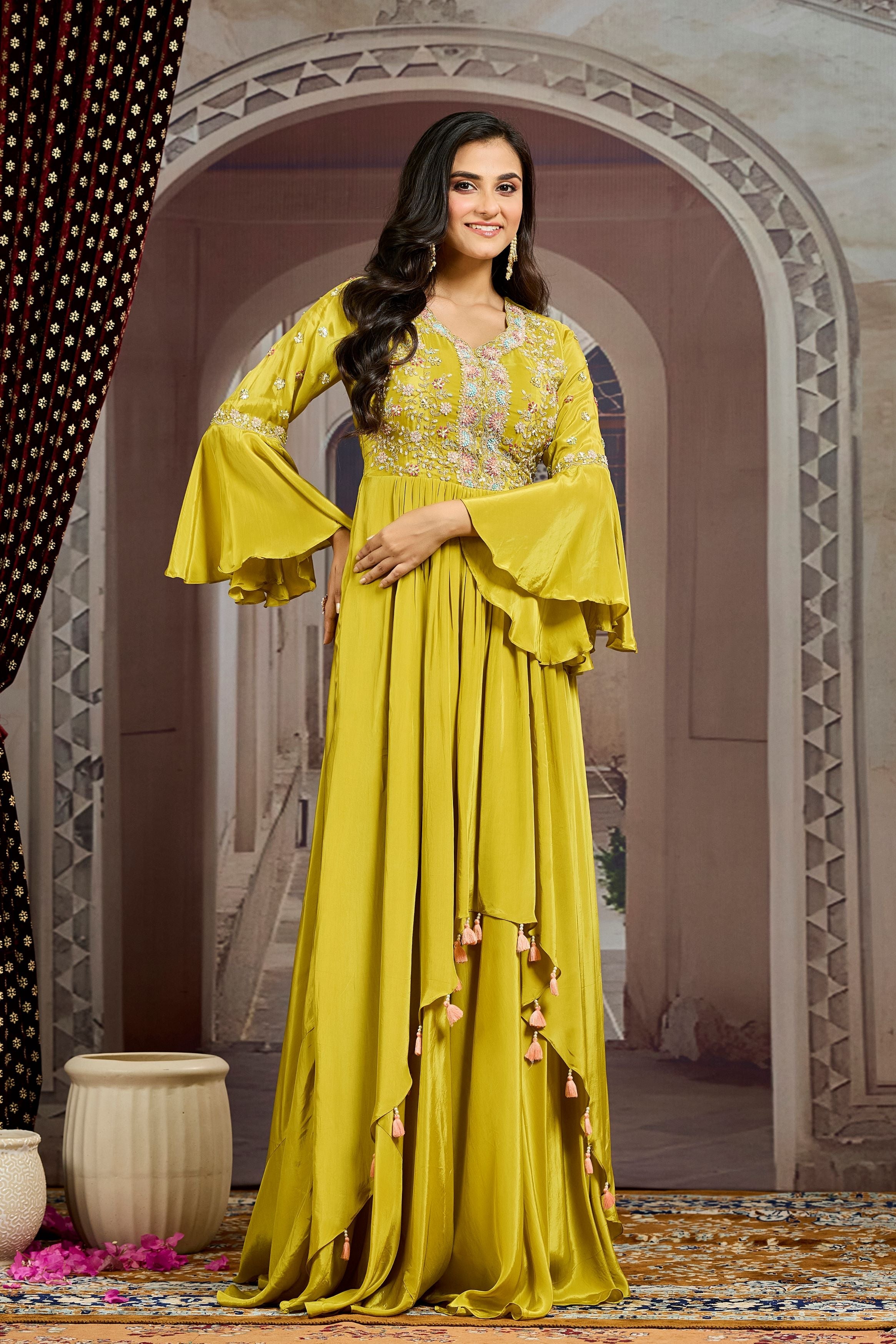 Pear Green Embellished Chinon Silk Gown