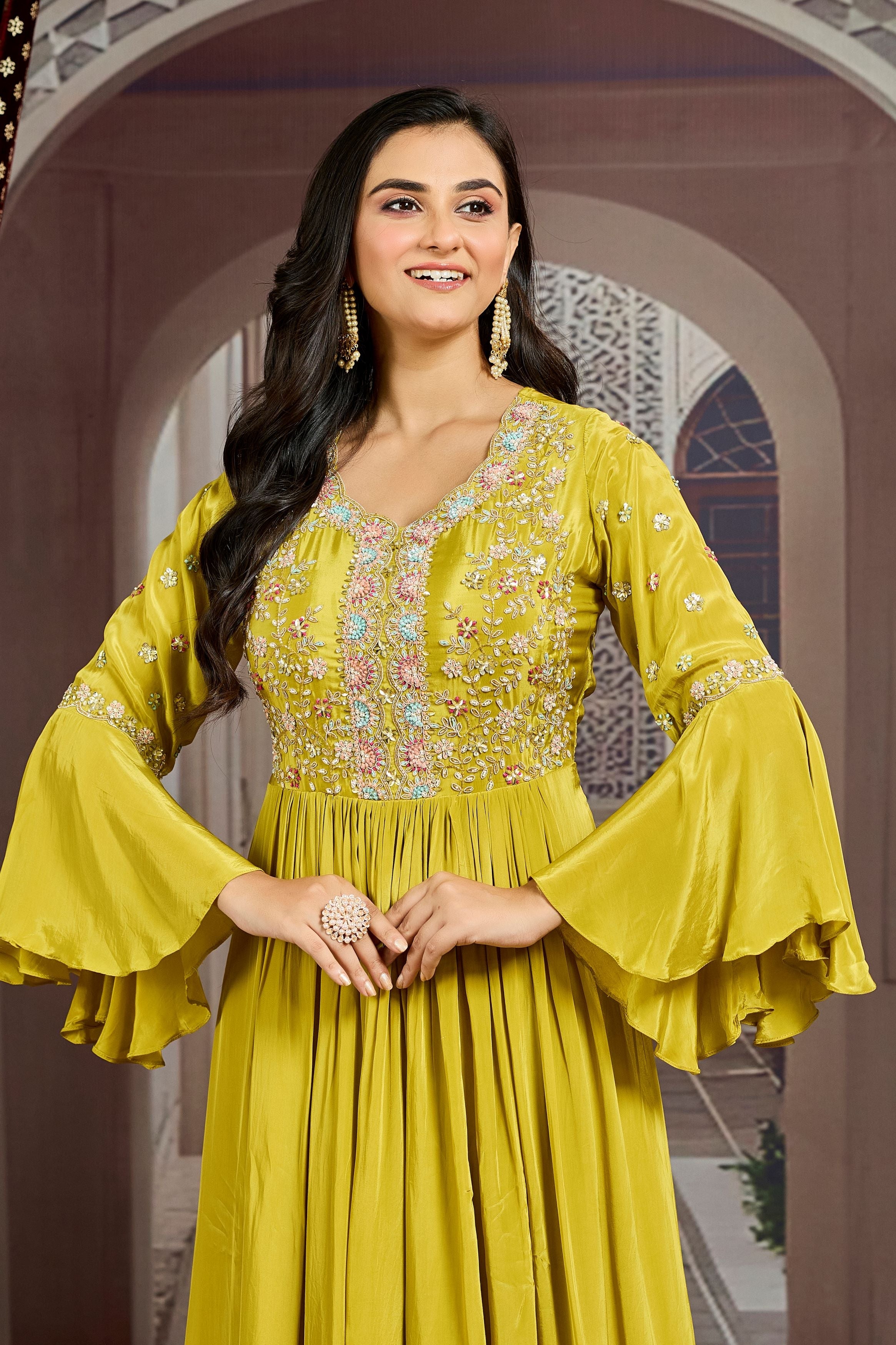 Pear Green Embellished Chinon Silk Gown