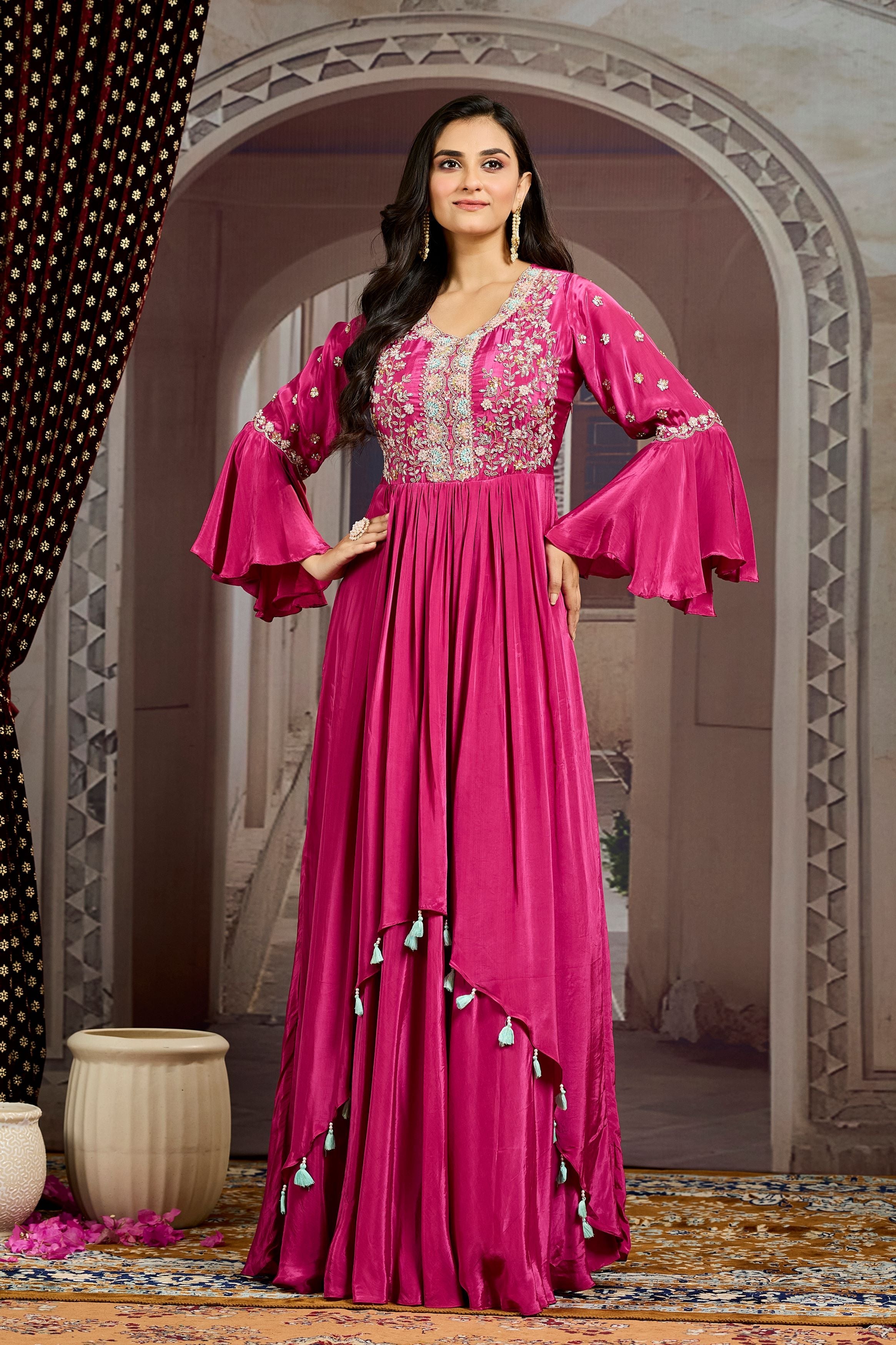 Magenta Embellished Chinon Silk Gown