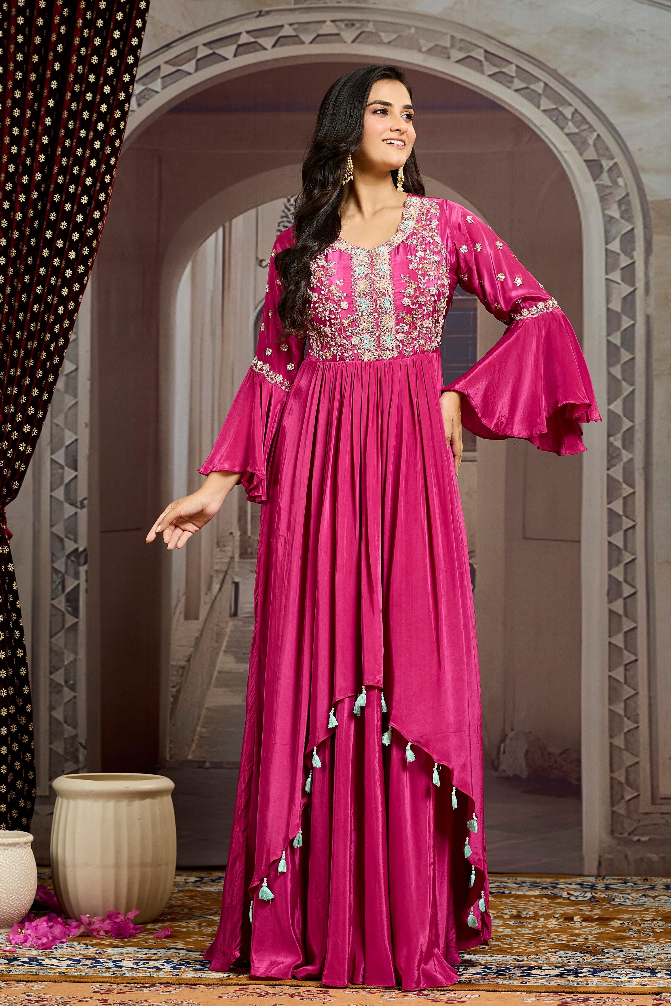 Magenta Embellished Chinon Silk Gown