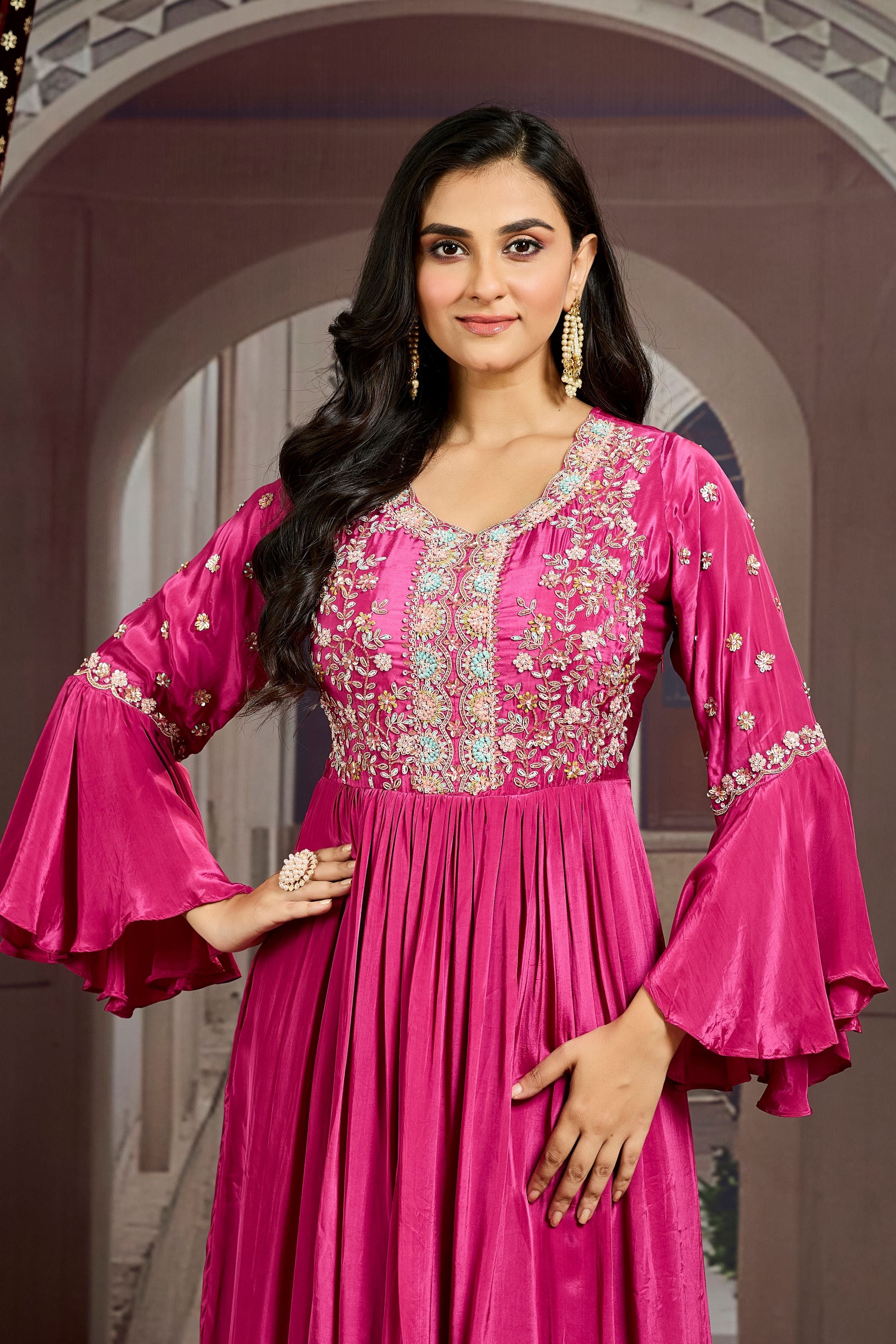 Magenta Embellished Chinon Silk Gown