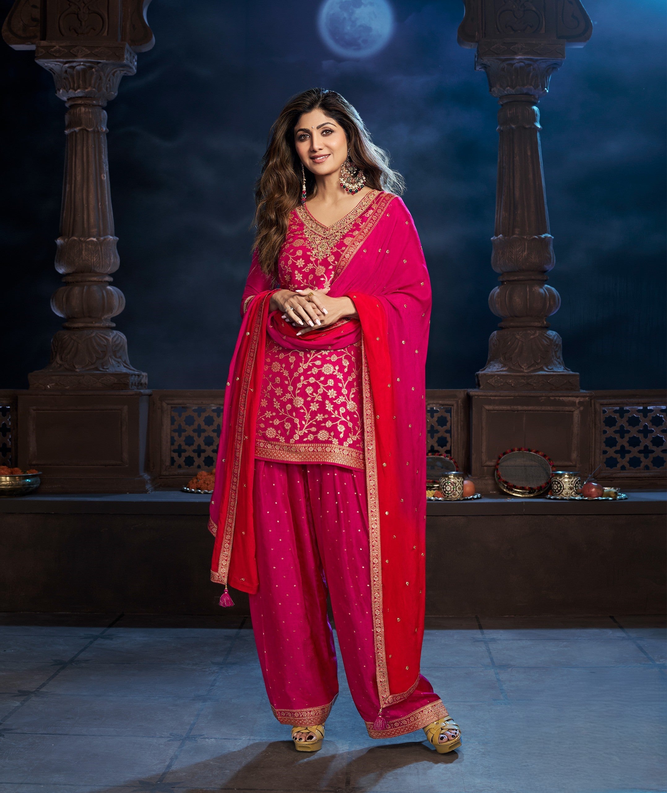 Bright Pink Embellished Premium Silk Palazzo Set