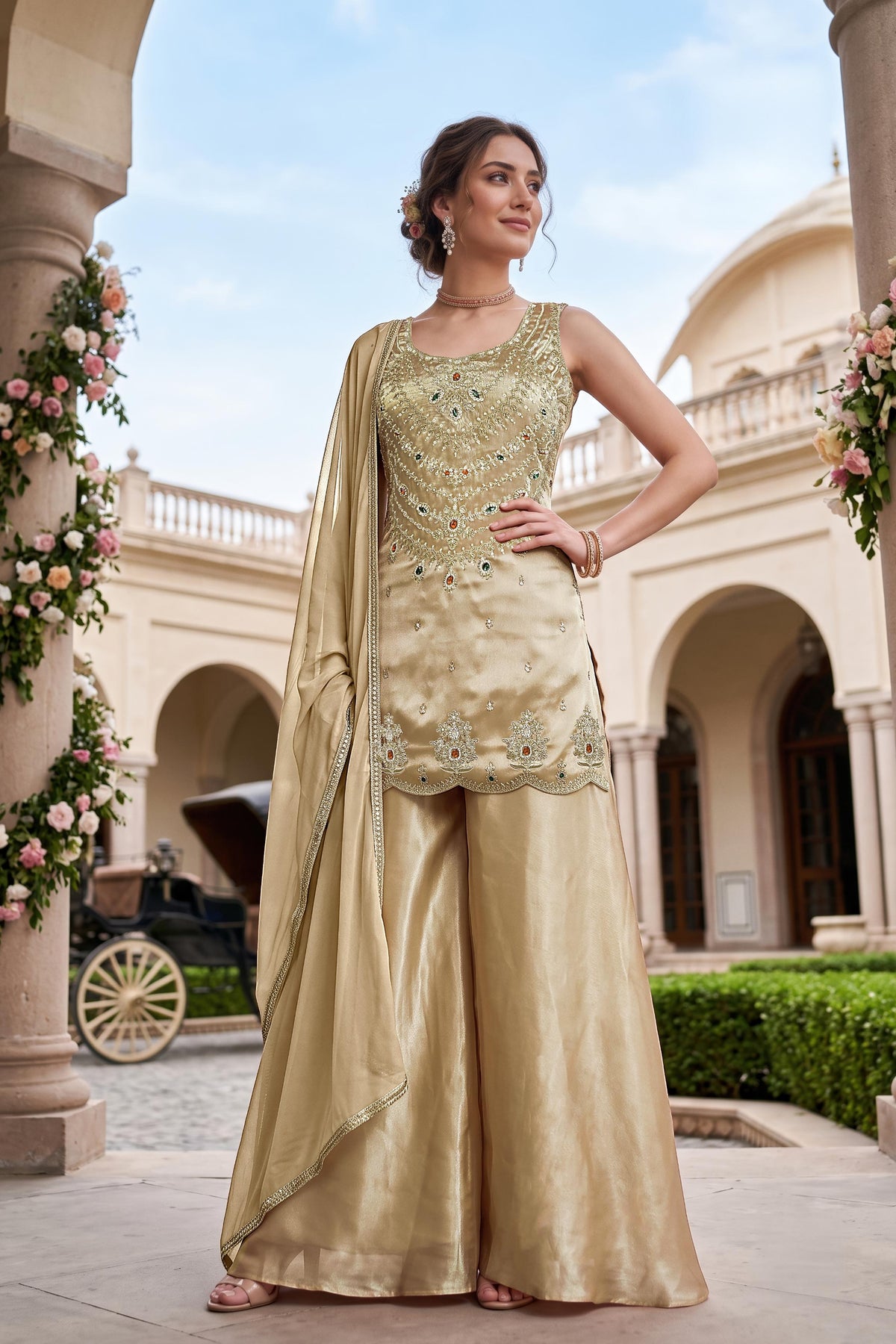Light Yellow Embellished Shimmer Silk Palazzo Set