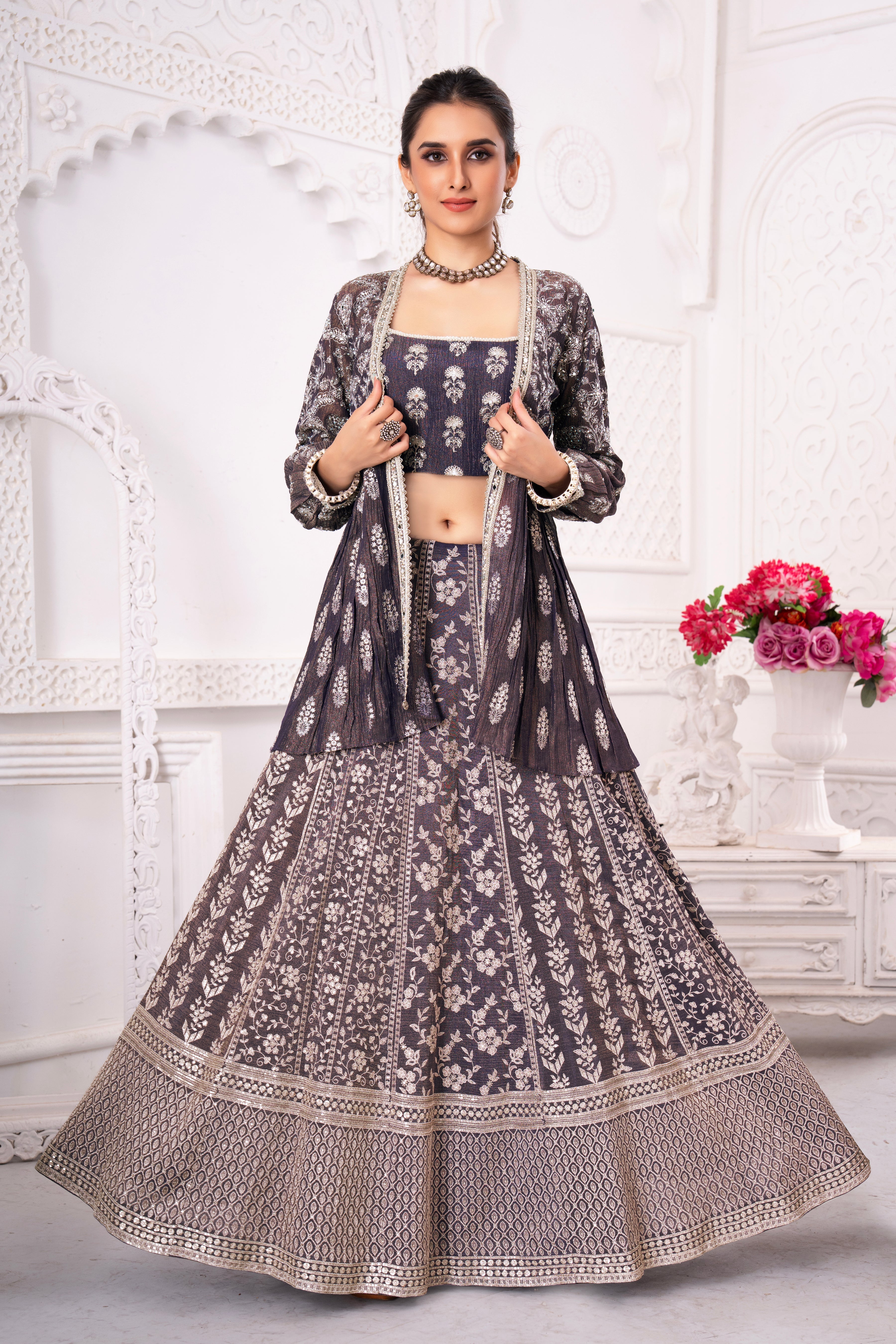 Shimmer Purple Floral Handwork Jacket Lehenga Set