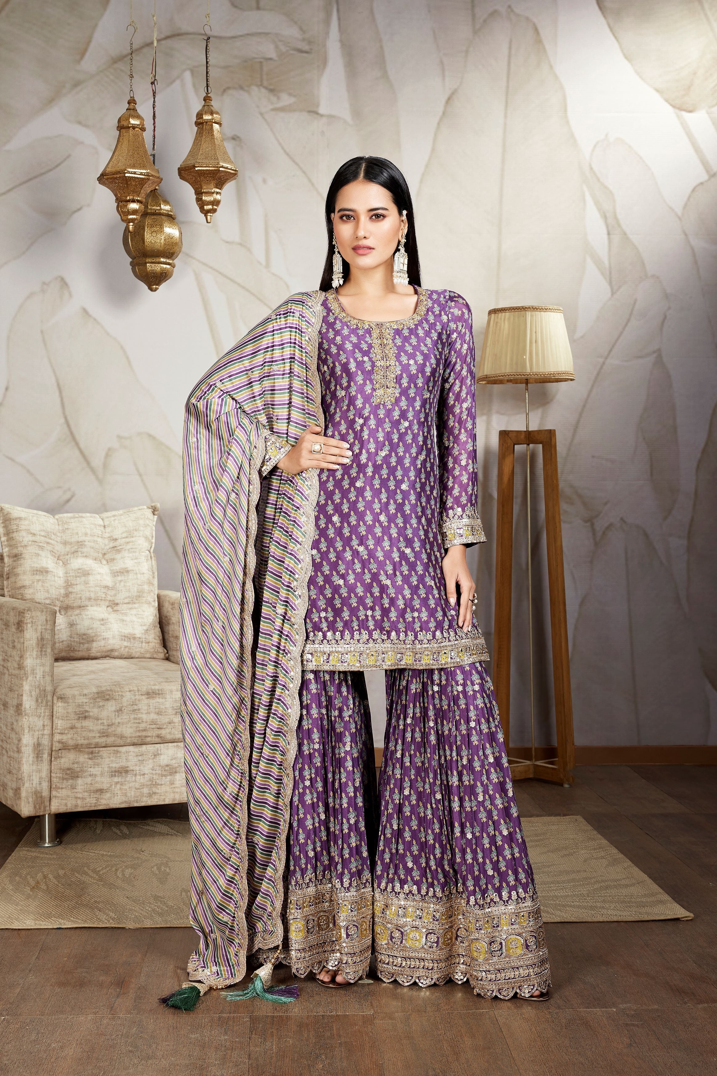 Purple Embellished Chinon Silk Sharara Set