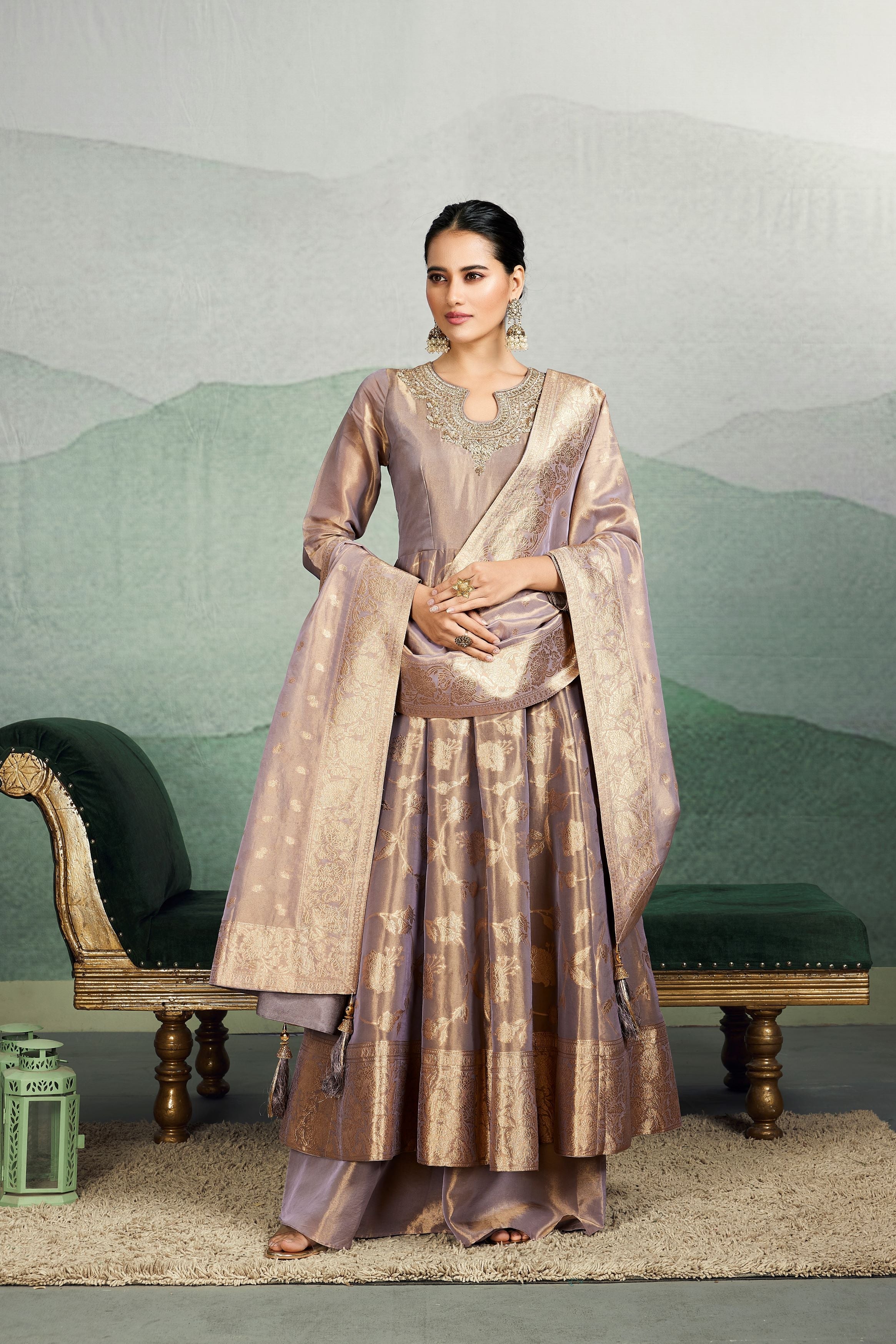Rose Gold Embellished Brocade Silk Anarkali Set