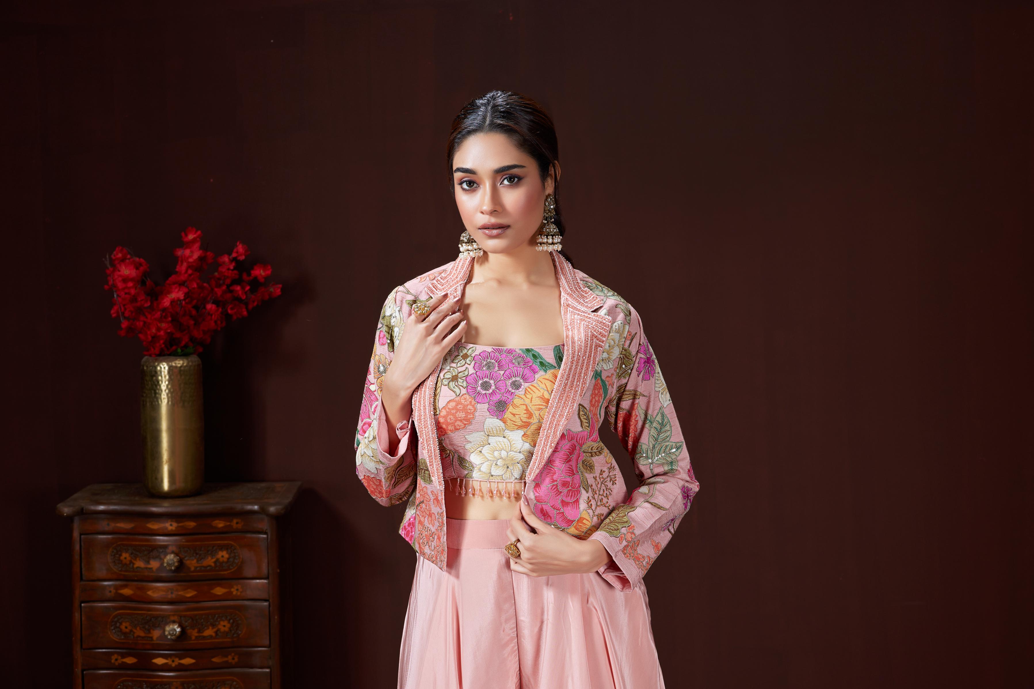 Blush Pink Embellished Satin Silk Jacket Set