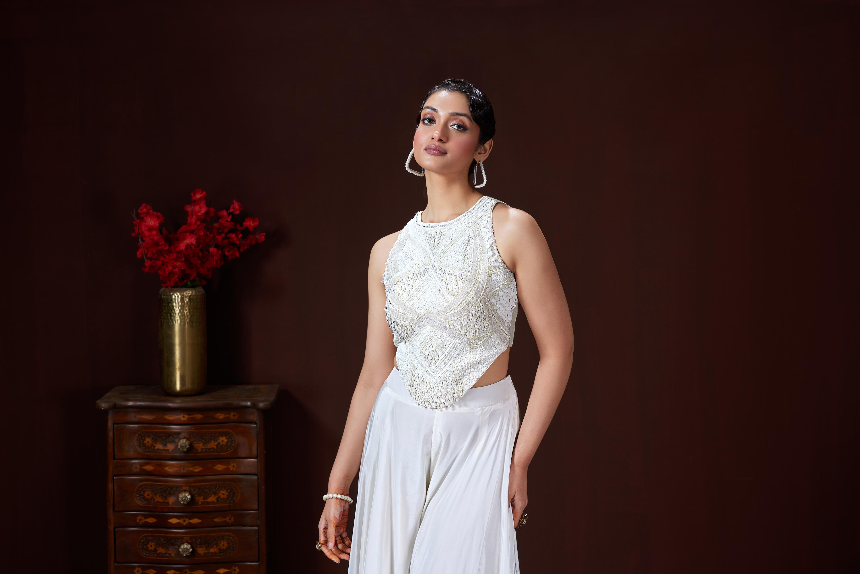 Pure White Embellished Crepe Silk Palazzo Set