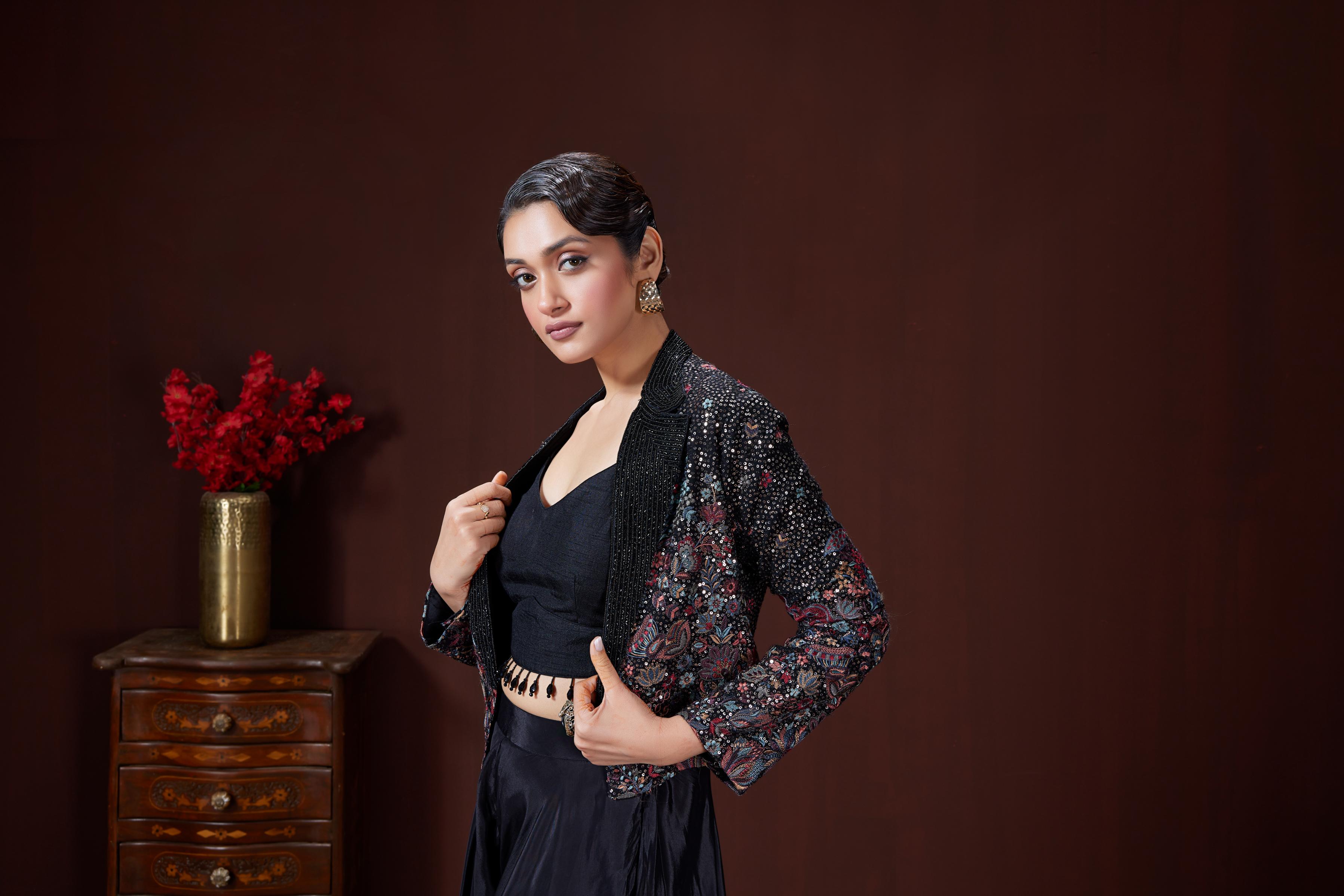 Coal Black Embellished Satin Silk Jacket Set