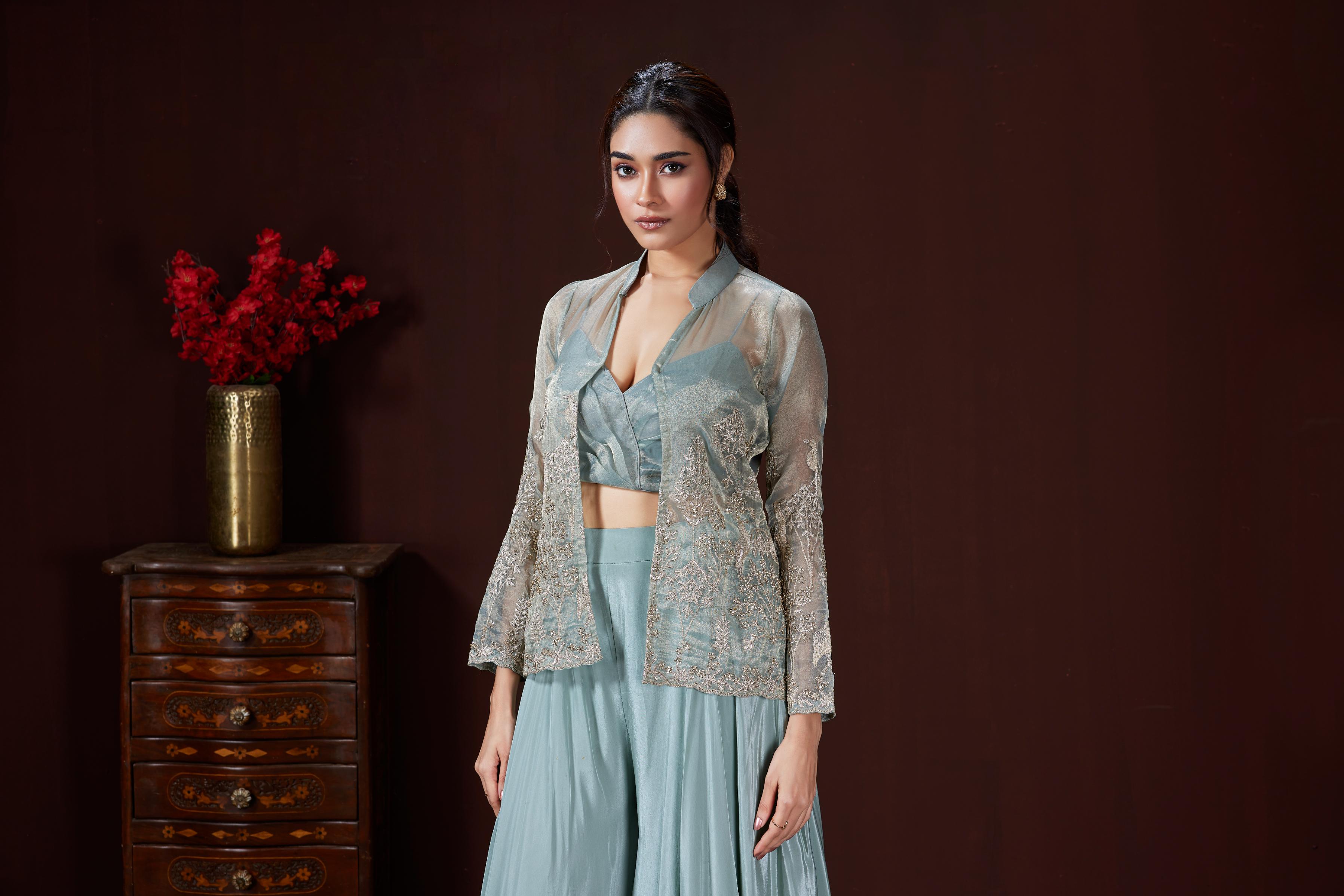 Dusty Blue Embellished Satin Silk Jacket Set