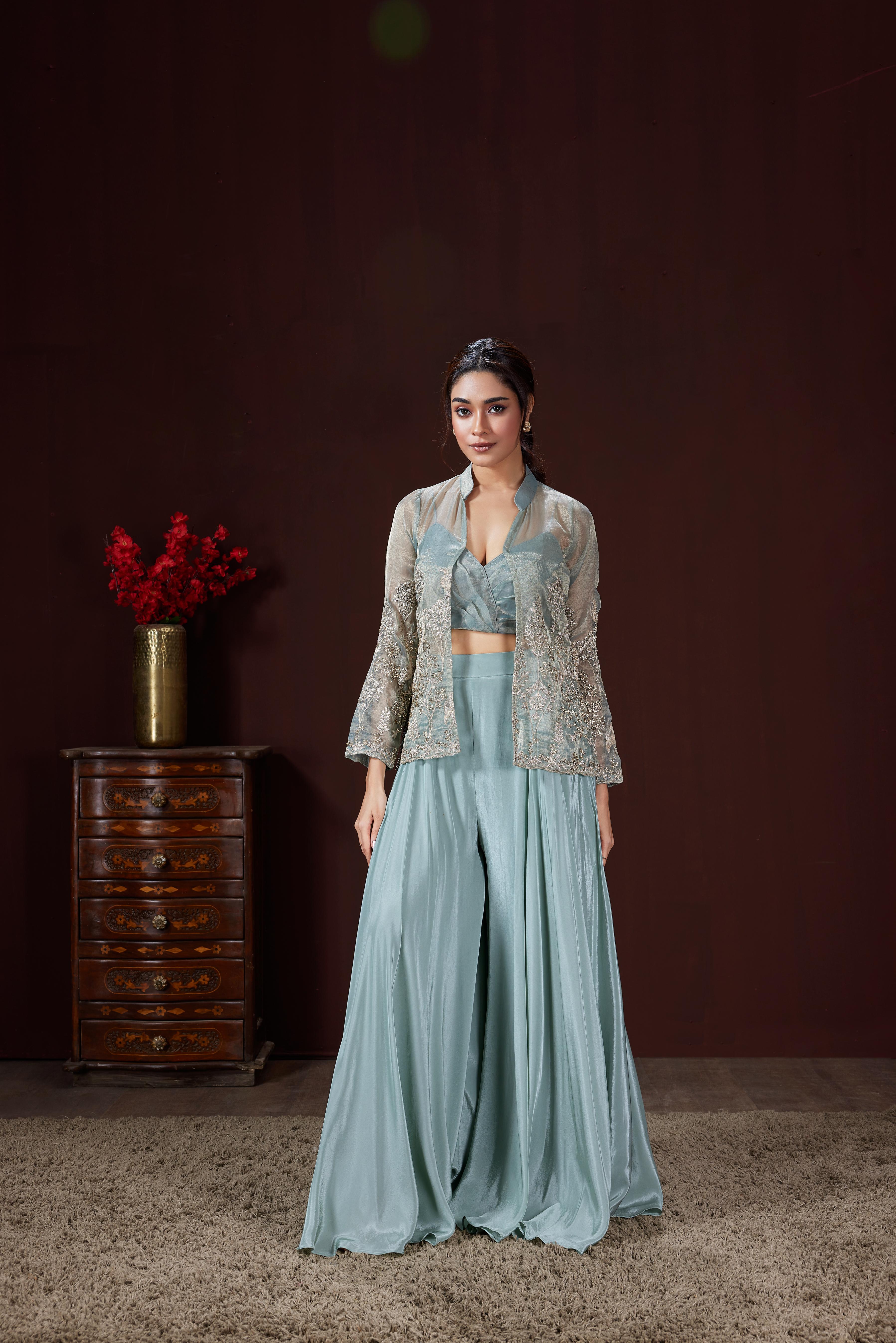 Dusty Blue Embellished Satin Silk Jacket Set