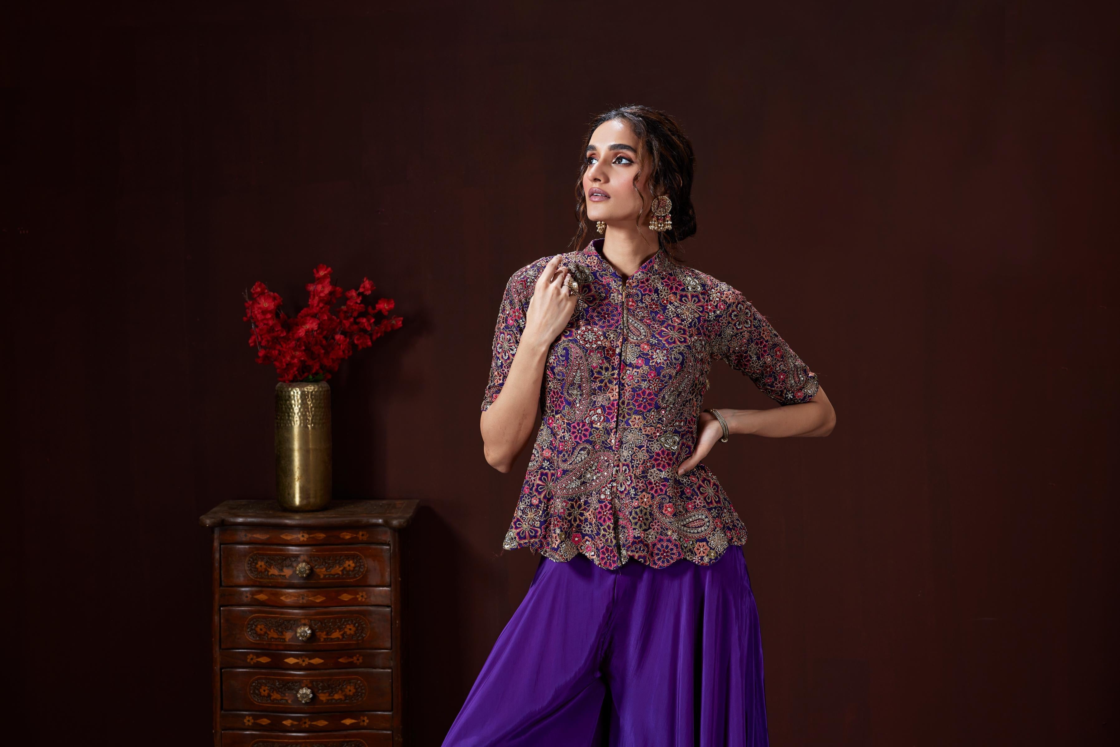 Royal Purple Embellished Crepe Silk Palazzo Set