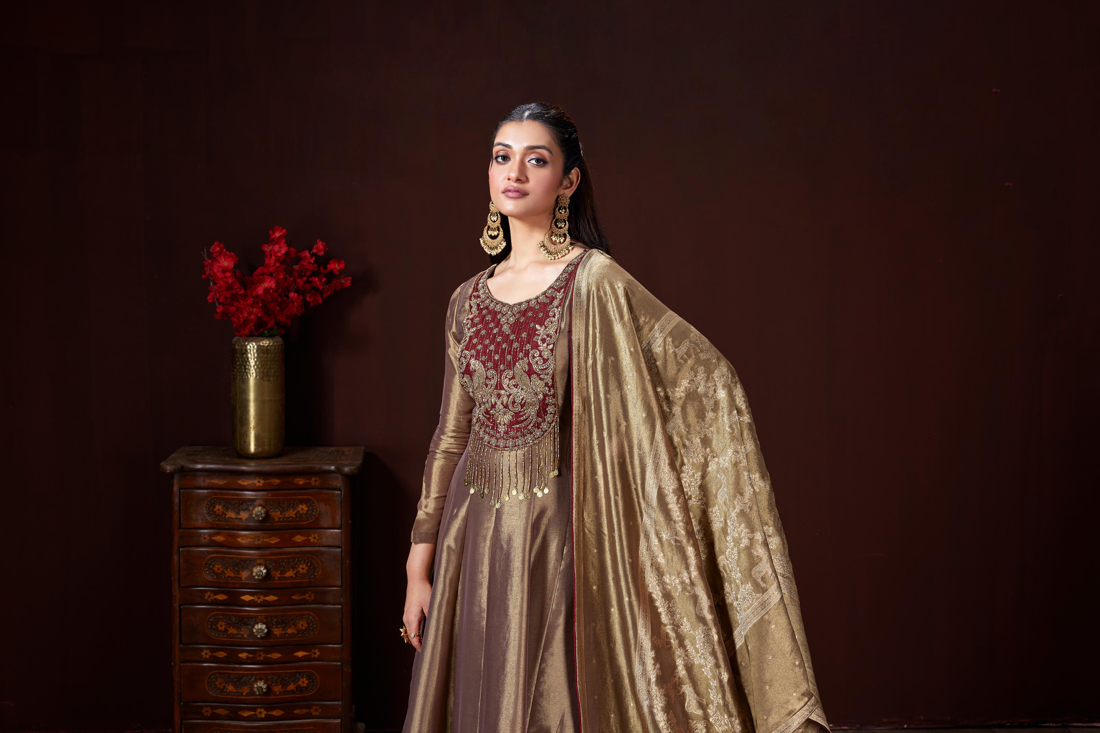Metallic Gold Embellished Shimmer Tissue Silk Anarkali Set