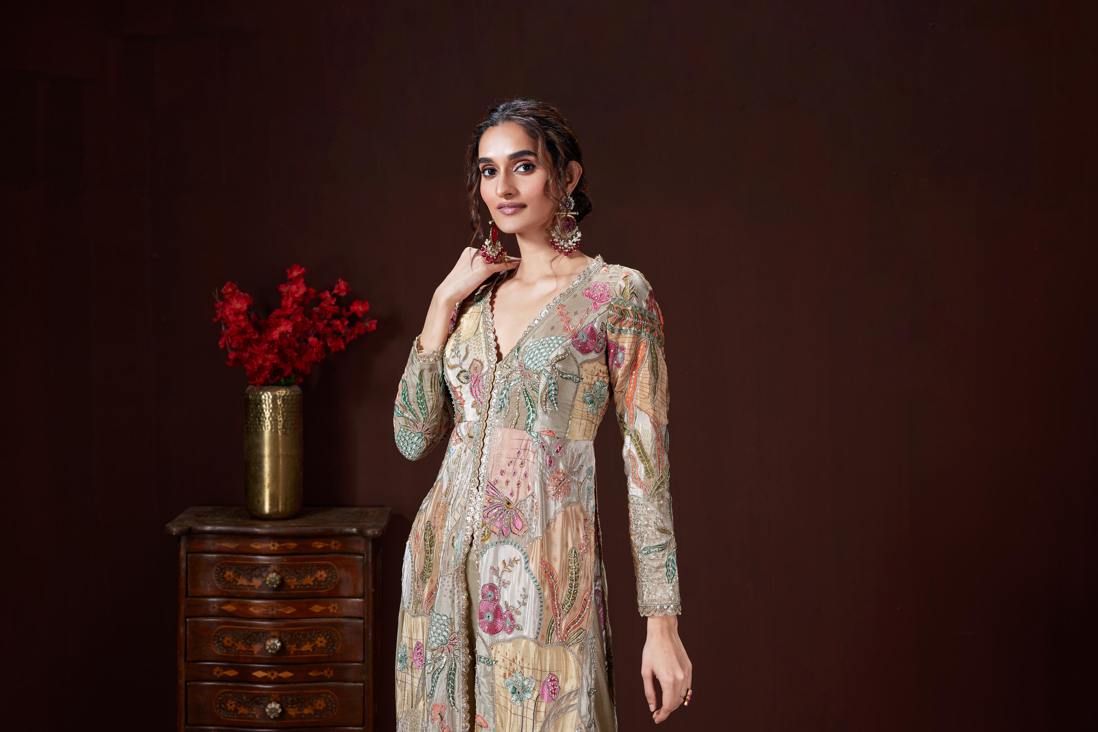 Light Beige Embellished Crepe Silk Kurta Set
