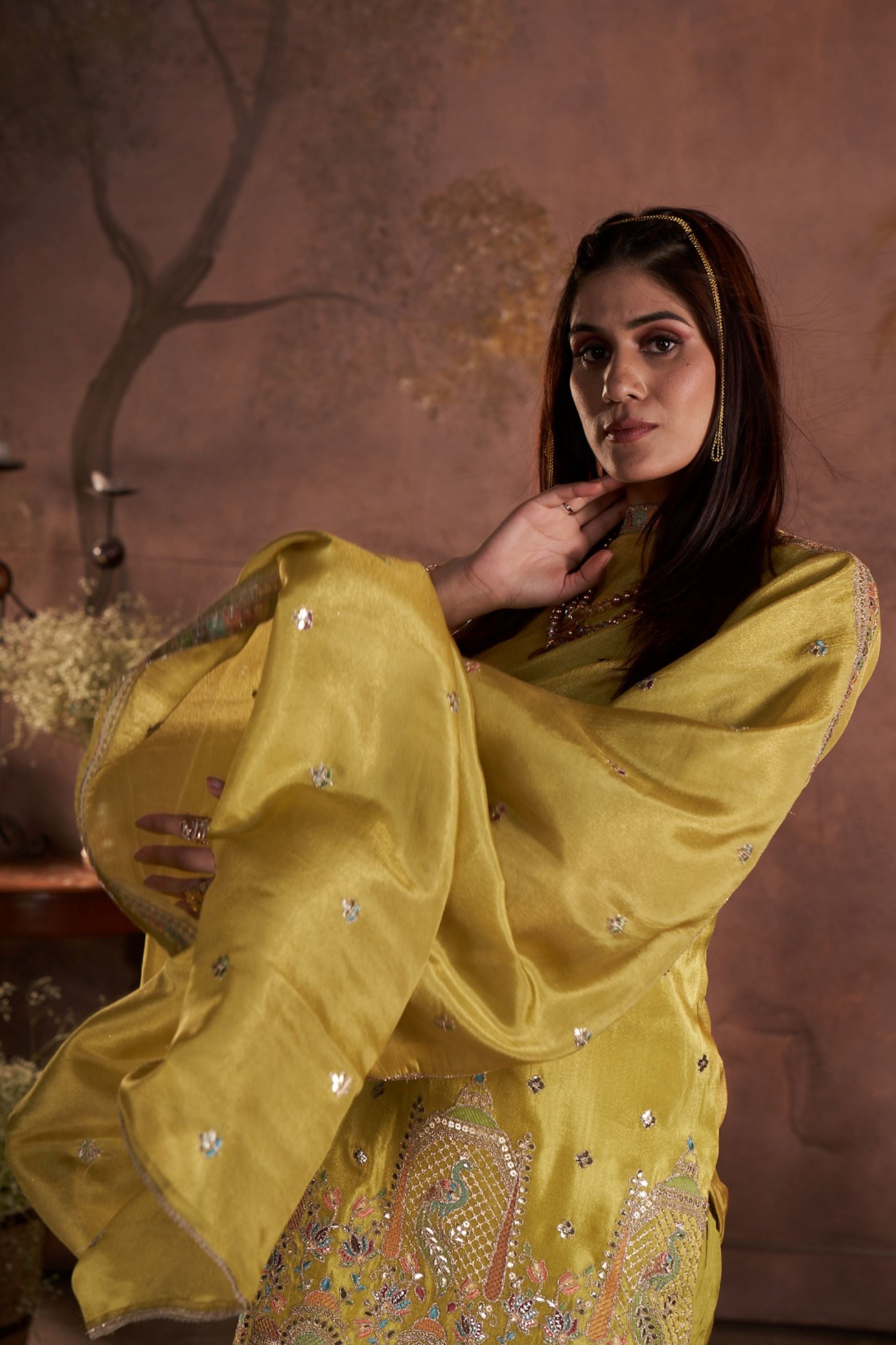 Pear Green Embellished Glass Tissue Silk Kurta Pant Set