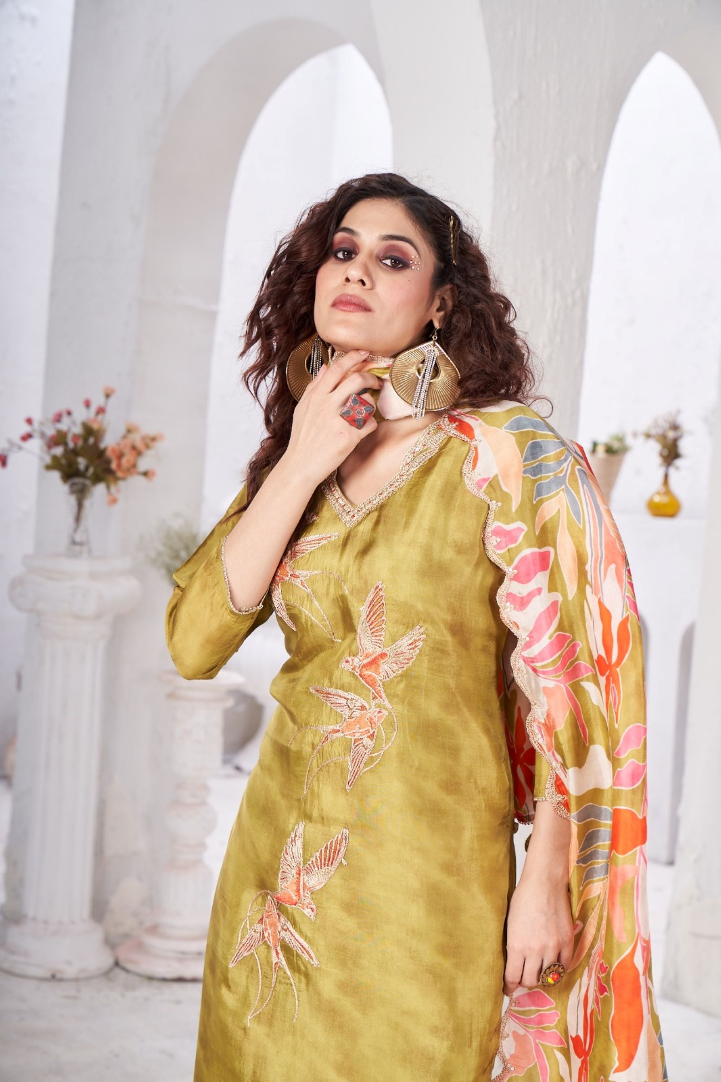 Olive Green Embellished Glass Tissue Silk Kurta Pant Set