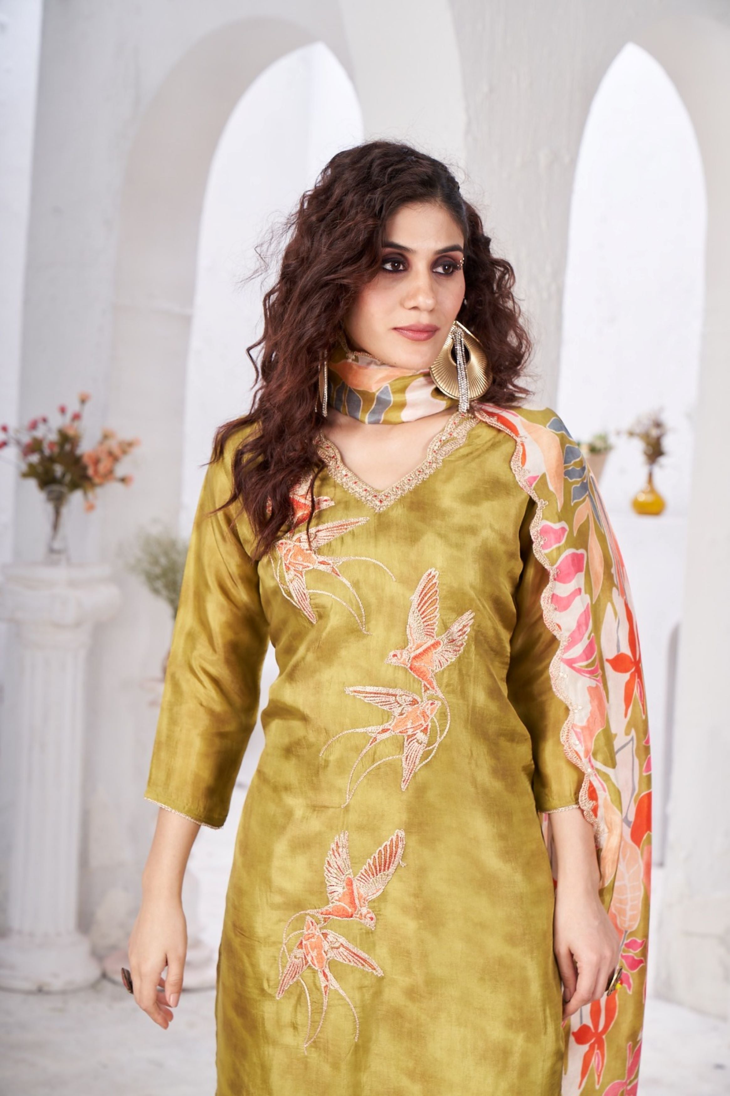 Olive Green Embellished Glass Tissue Silk Kurta Pant Set