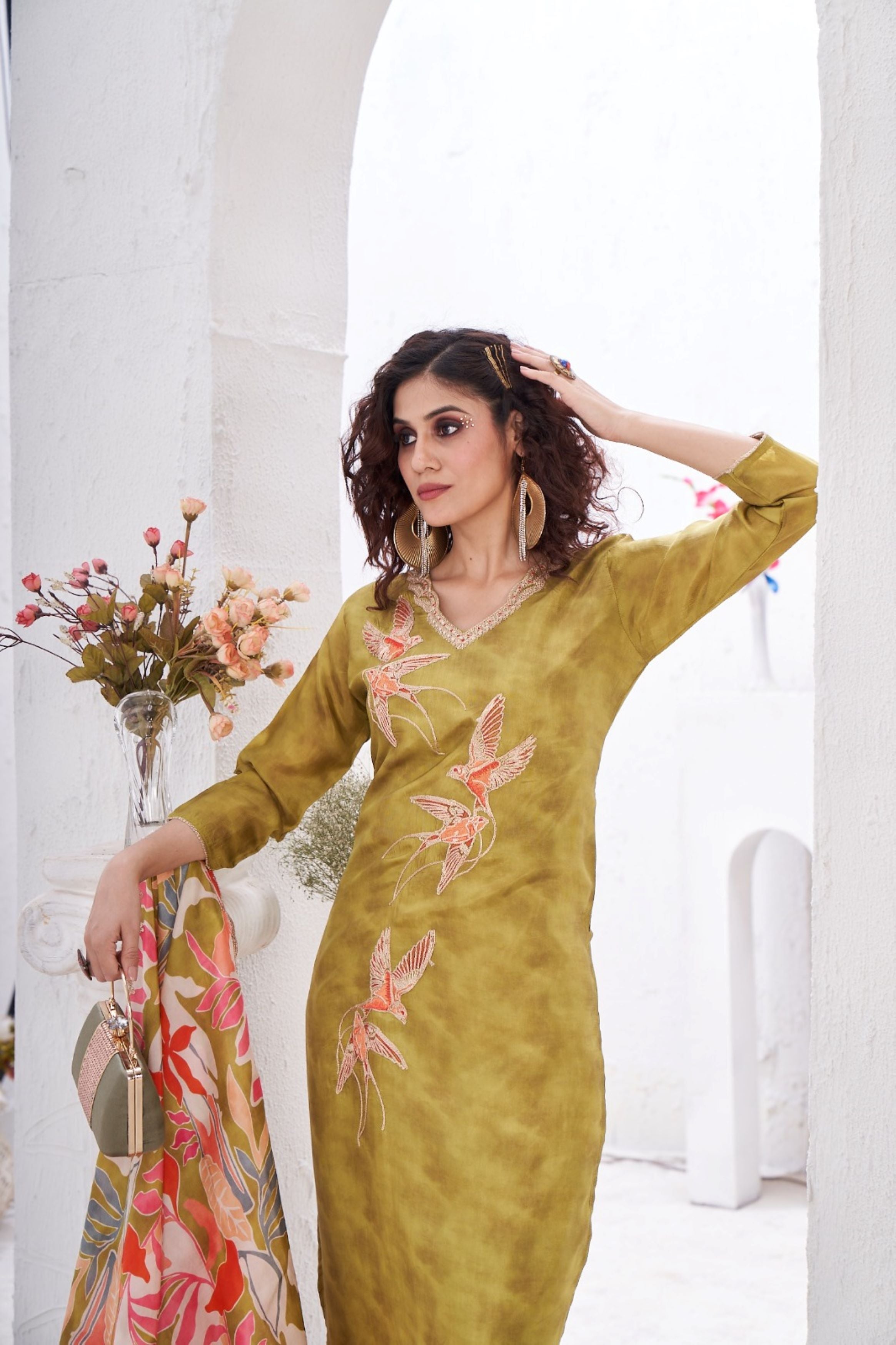 Olive Green Embellished Glass Tissue Silk Kurta Pant Set