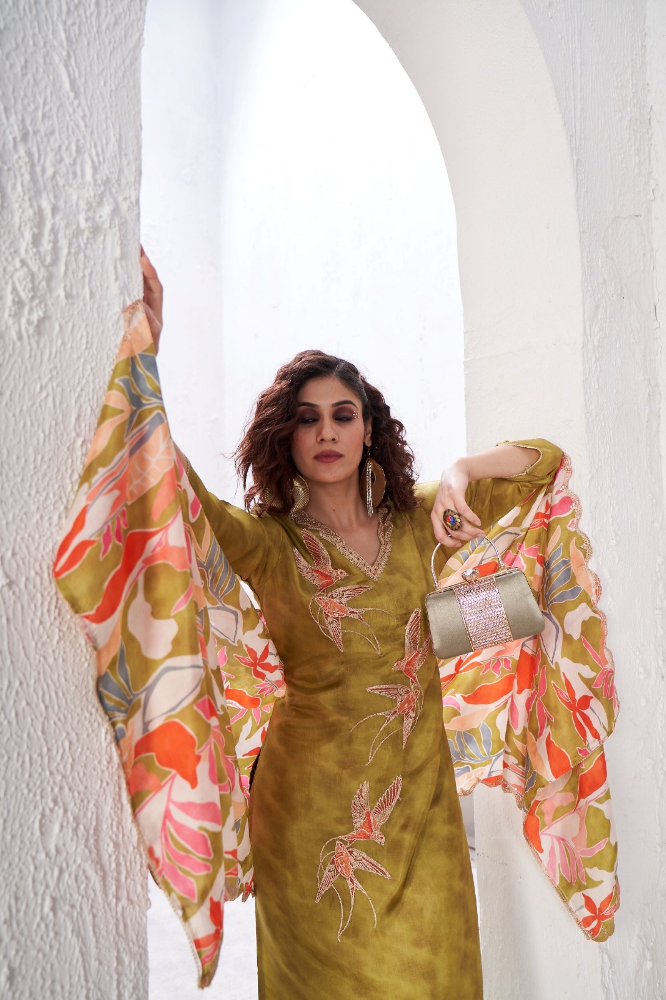 Olive Green Embellished Glass Tissue Silk Kurta Pant Set