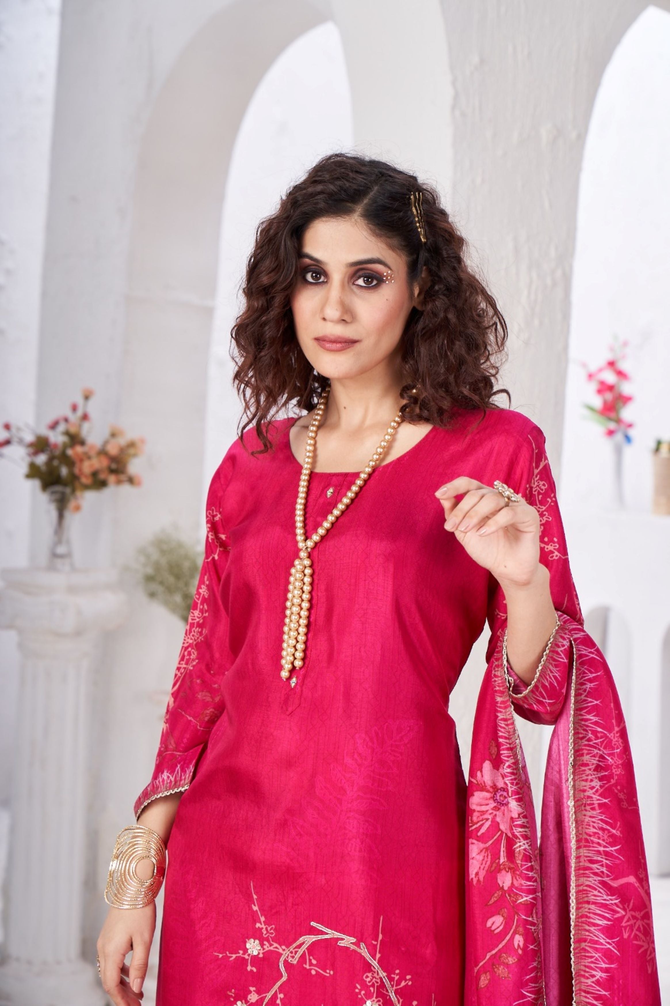 Pink Digital Printed Shimmer Tissue Silk Kurta Pant Set