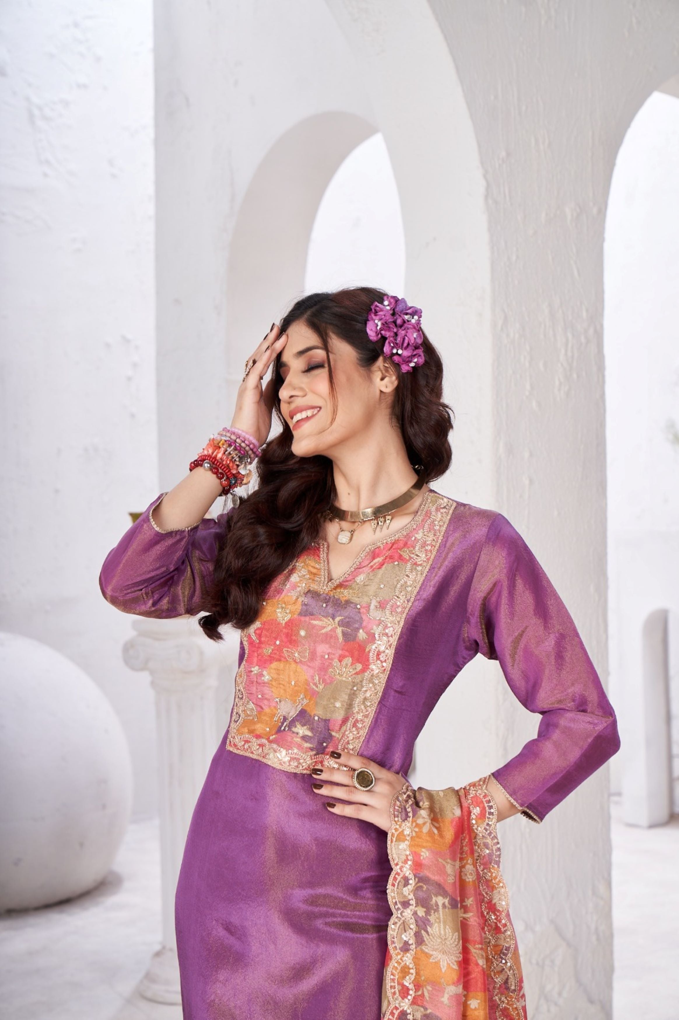 Pastel Purple Embellished Shimmer Tissue Silk Kurta Pant Set