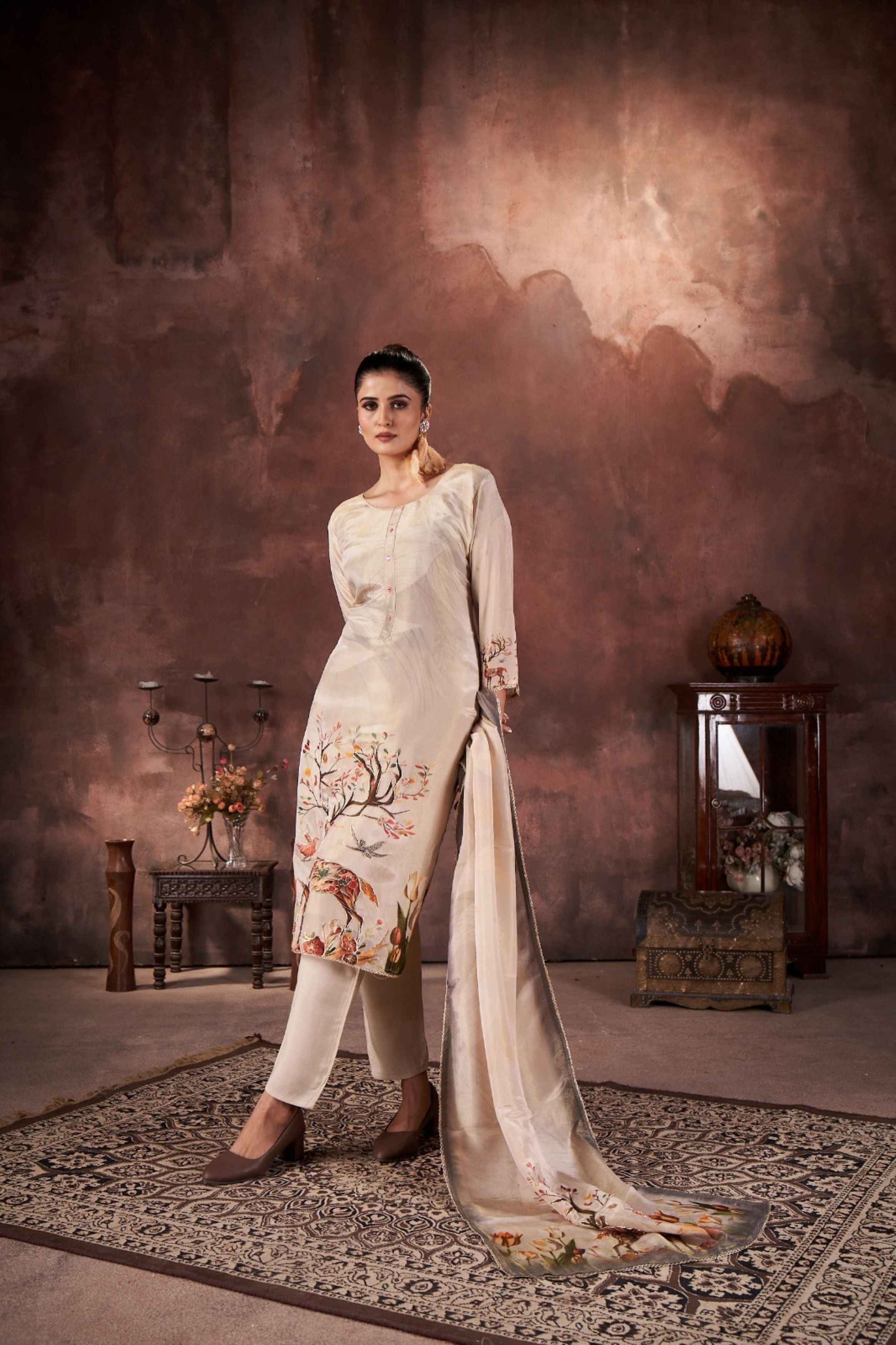 Cream Embellished Tissue Silk Kurta Pant Set