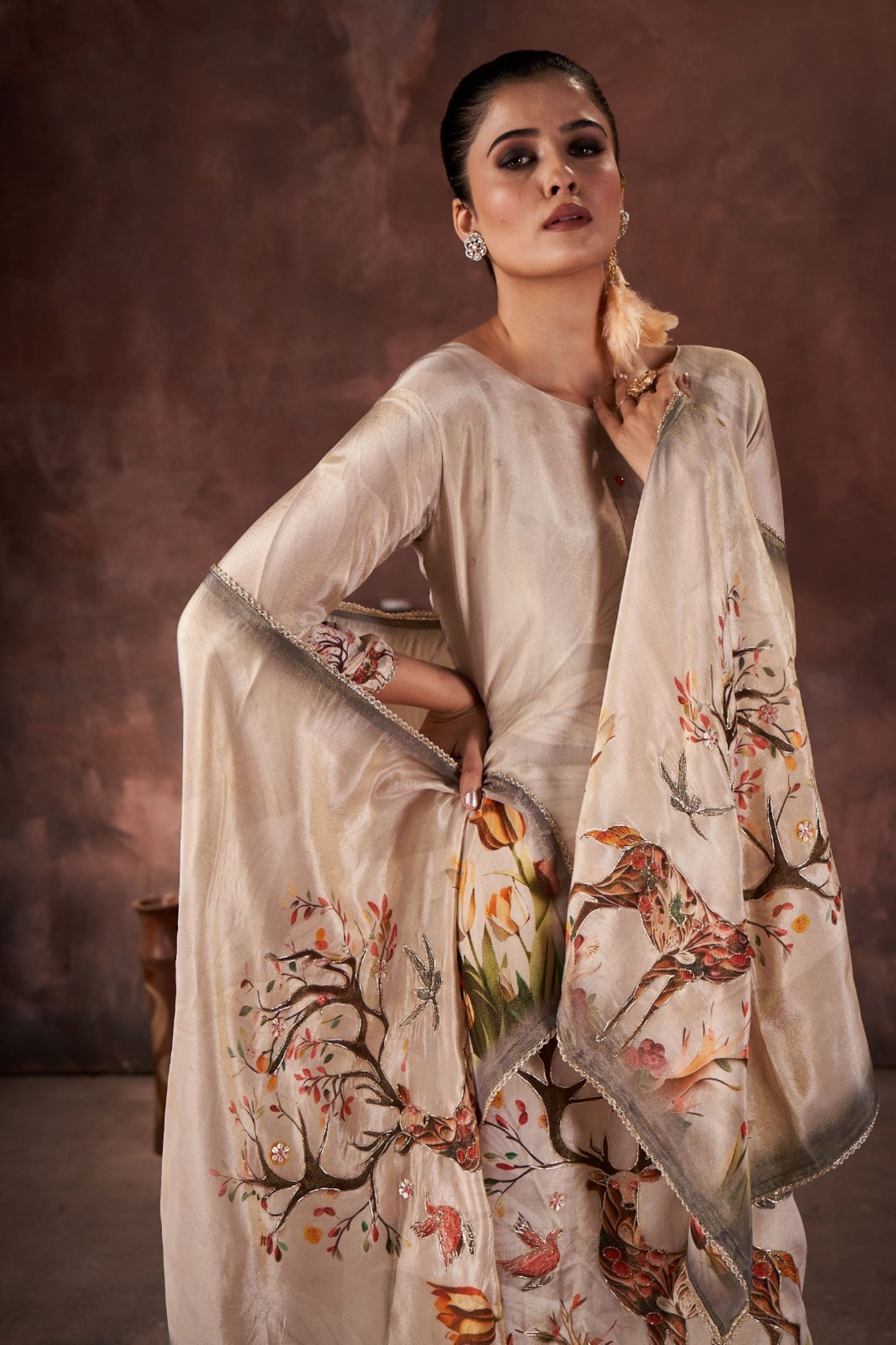 Cream Embellished Tissue Silk Kurta Pant Set