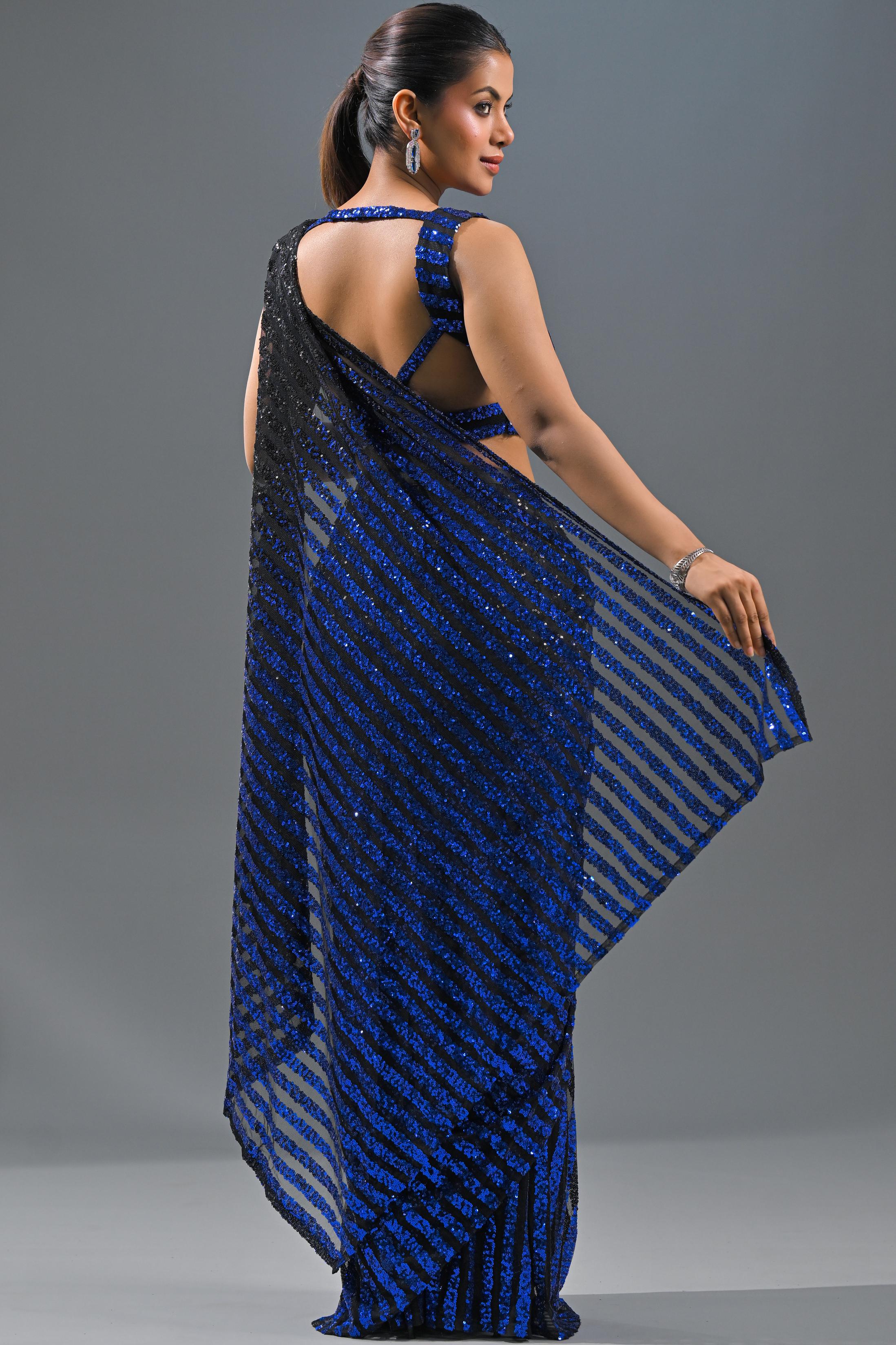 Blue Sequin Ombre-Dyed Net Saree