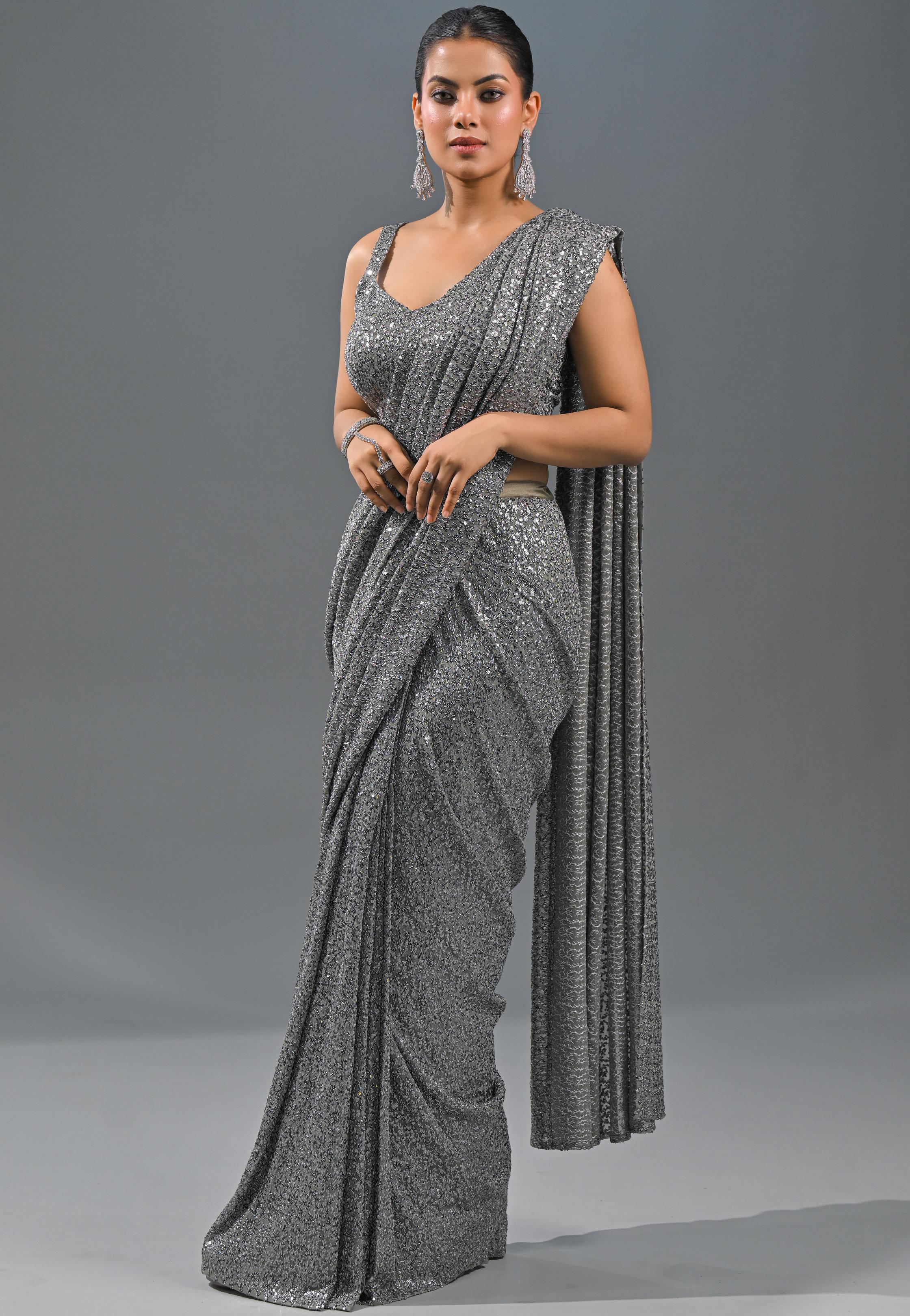 Silver Sequin Embellished Net Saree