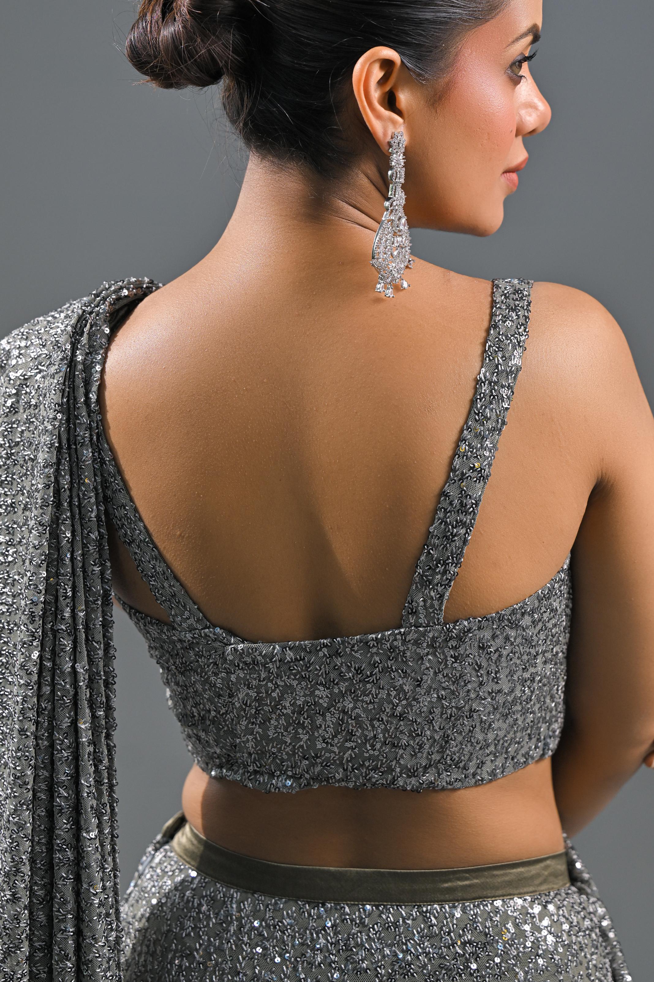 Silver Sequin Embellished Net Saree
