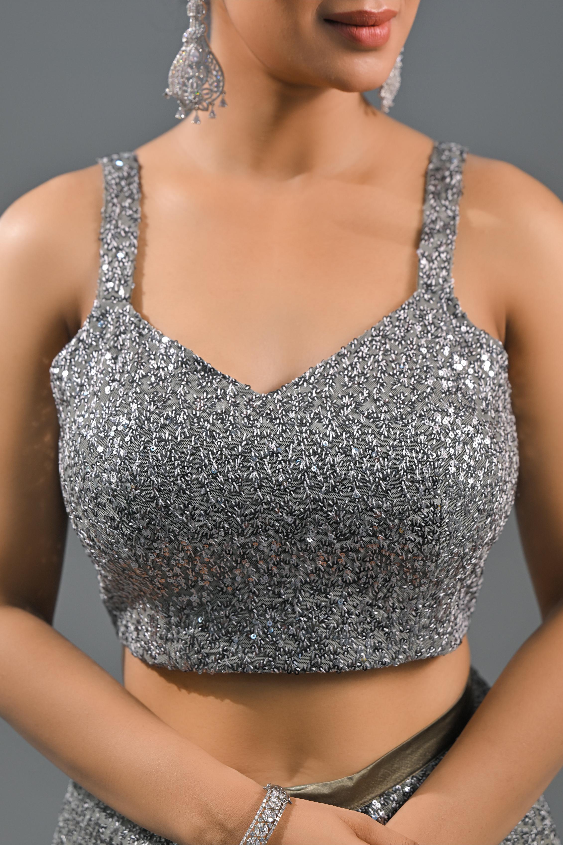 Silver Sequin Embellished Net Saree