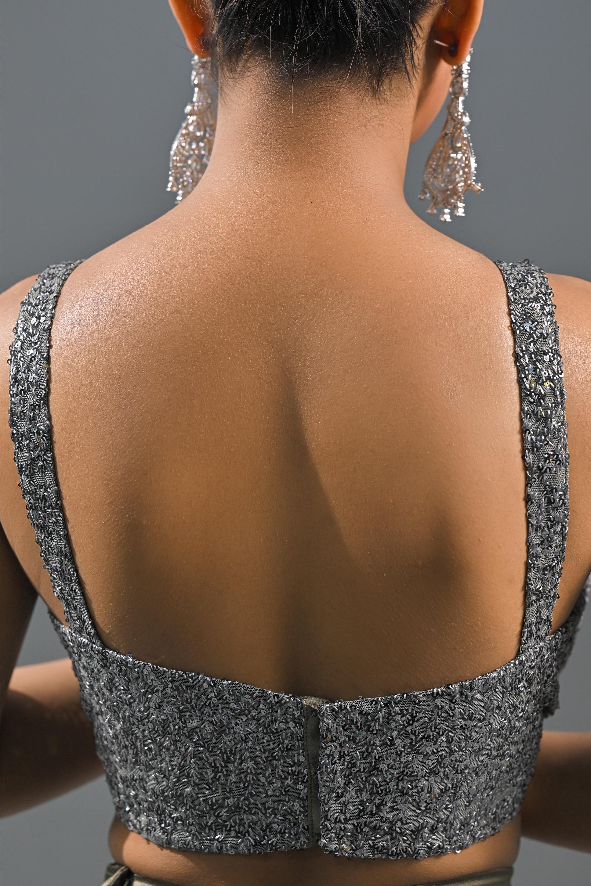 Silver Sequin Embellished Net Saree