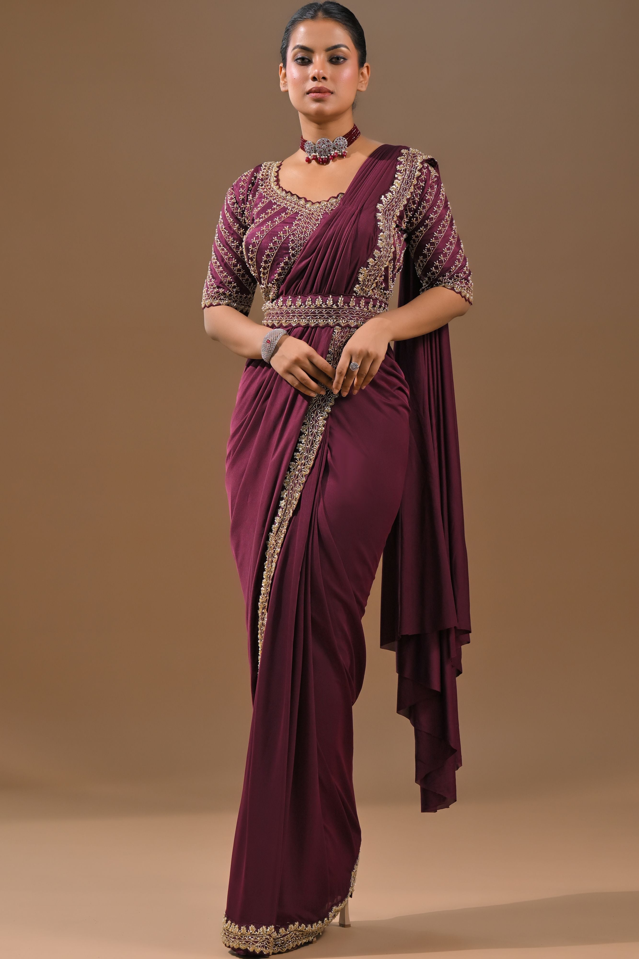 Dark Fuchsia Embellished Pleated Saree