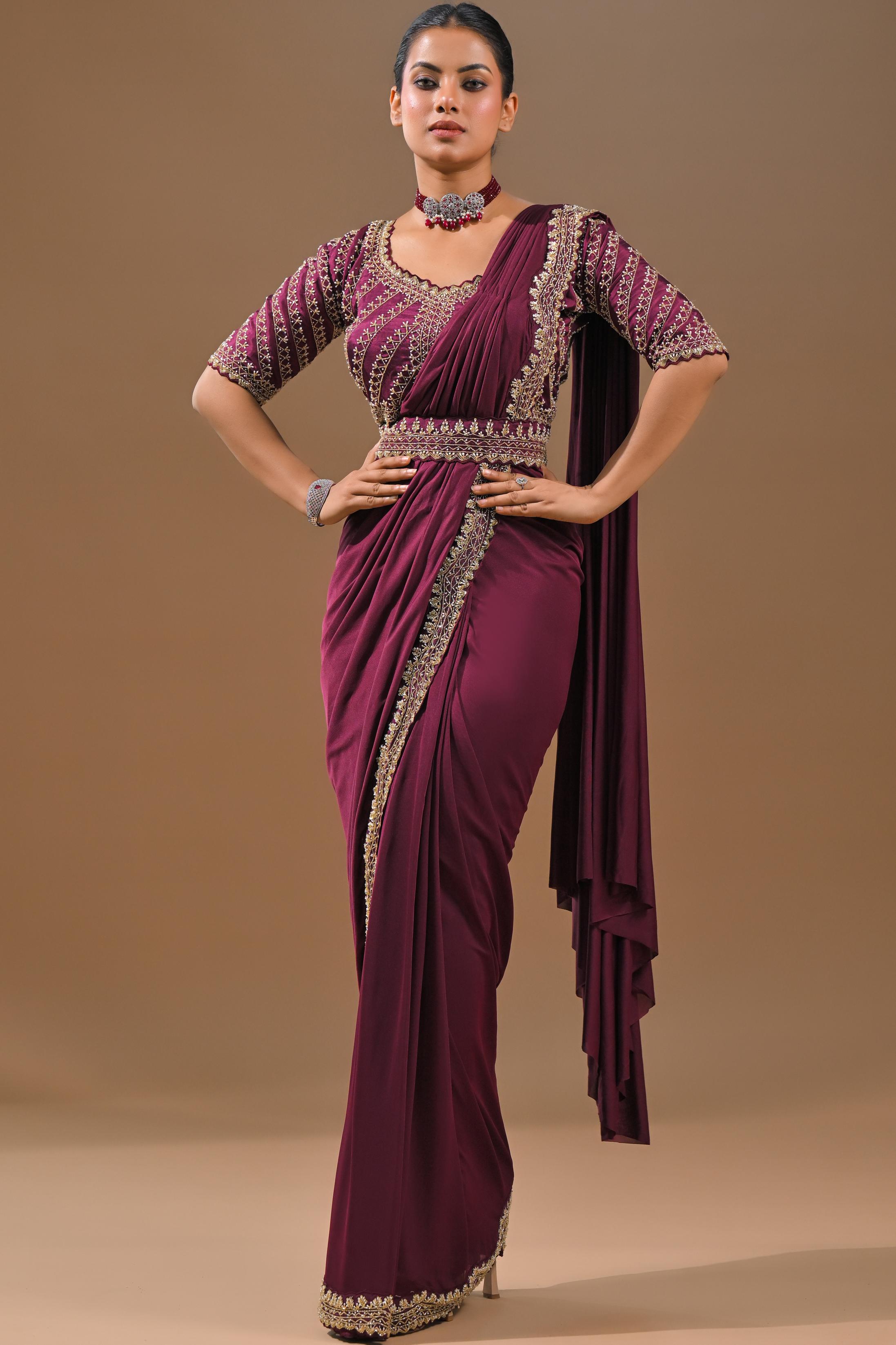 Dark Fuchsia Embellished Pleated Saree
