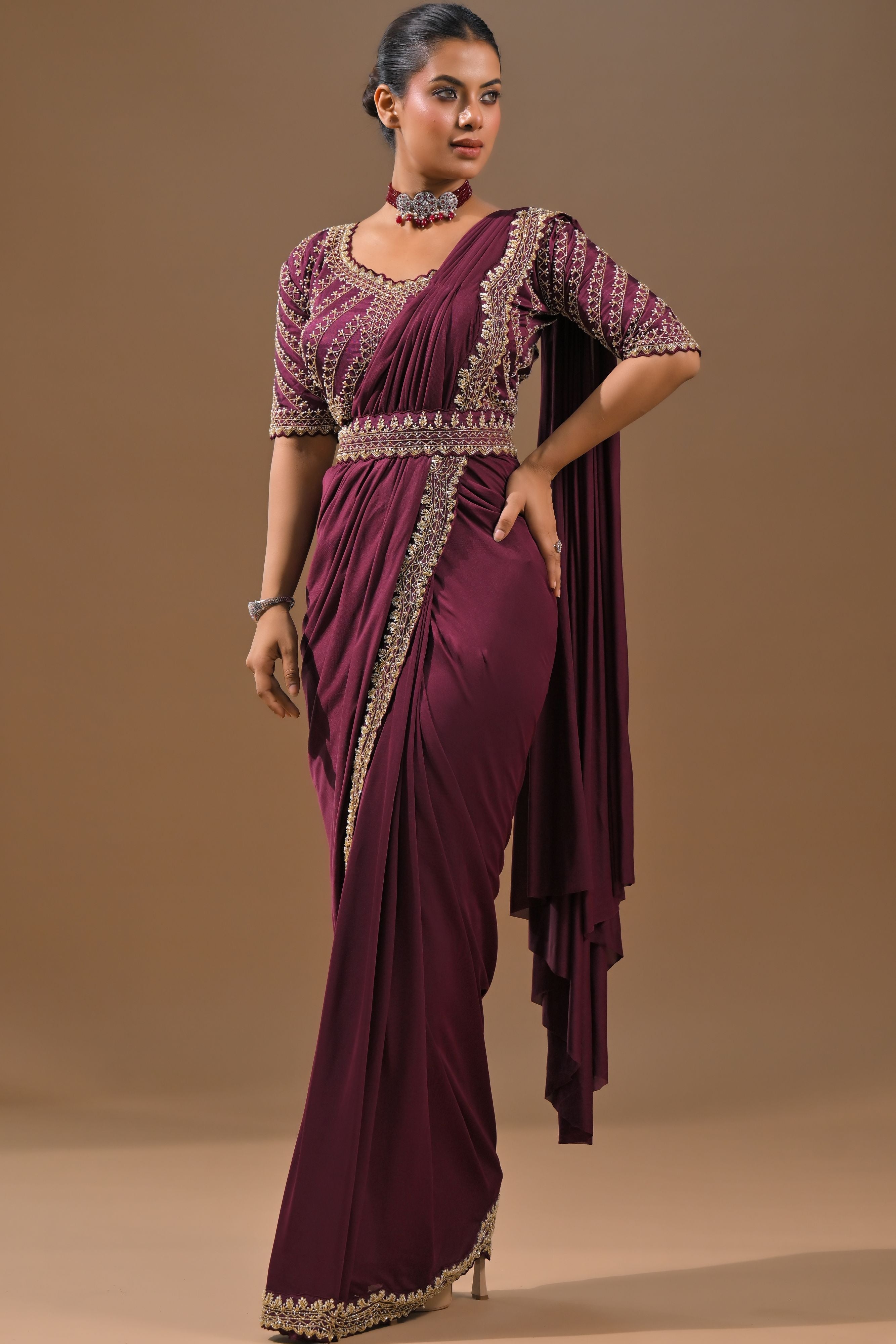 Dark Fuchsia Embellished Pleated Saree