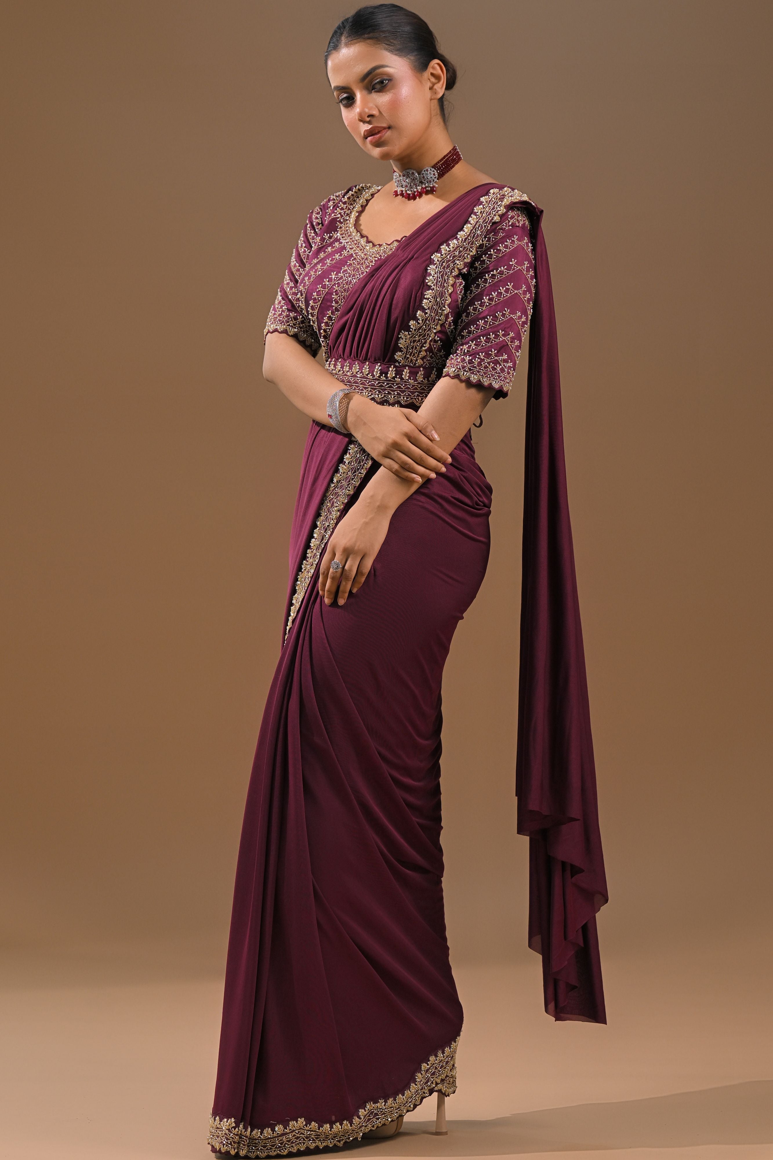 Dark Fuchsia Embellished Pleated Saree