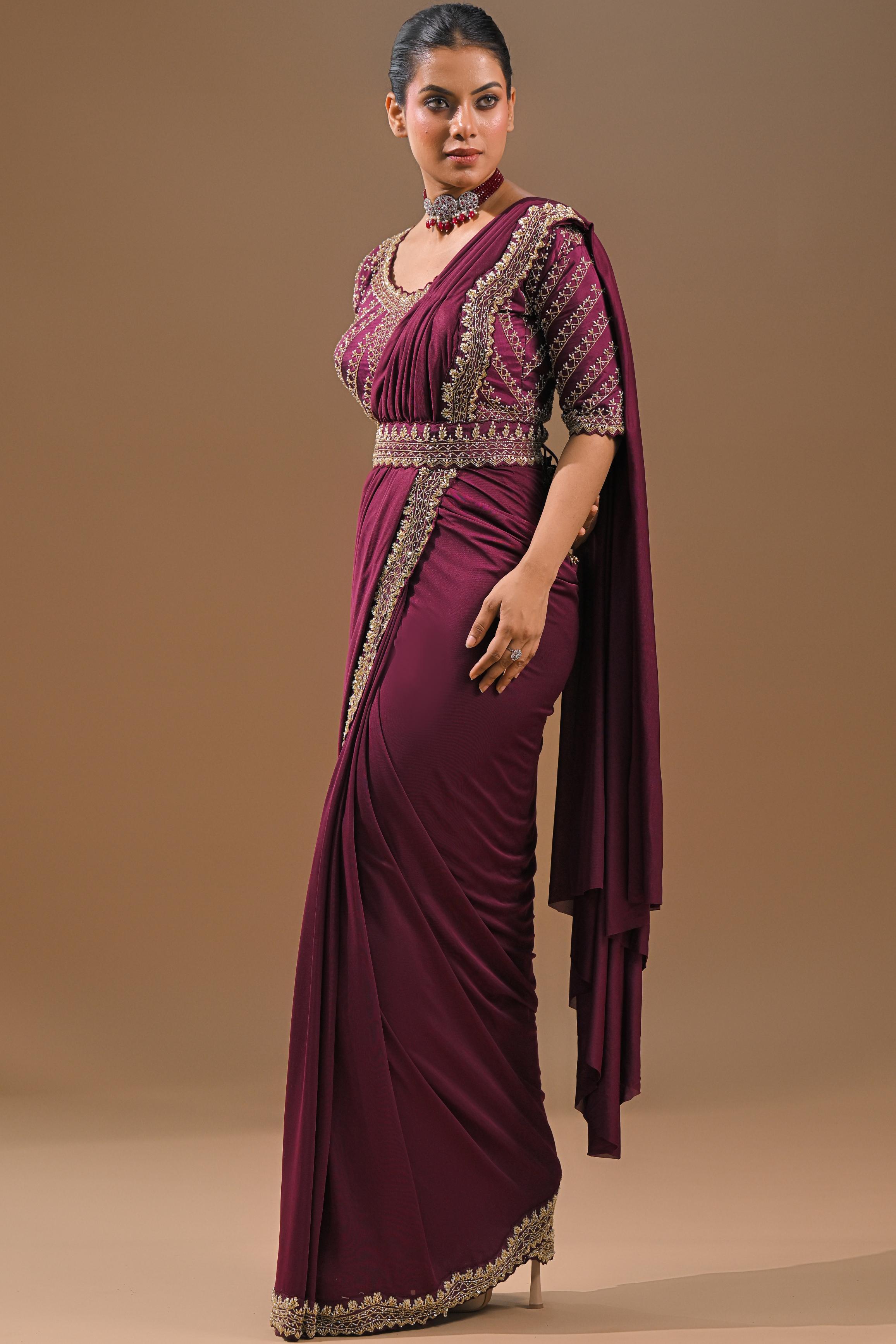 Dark Fuchsia Embellished Pleated Saree