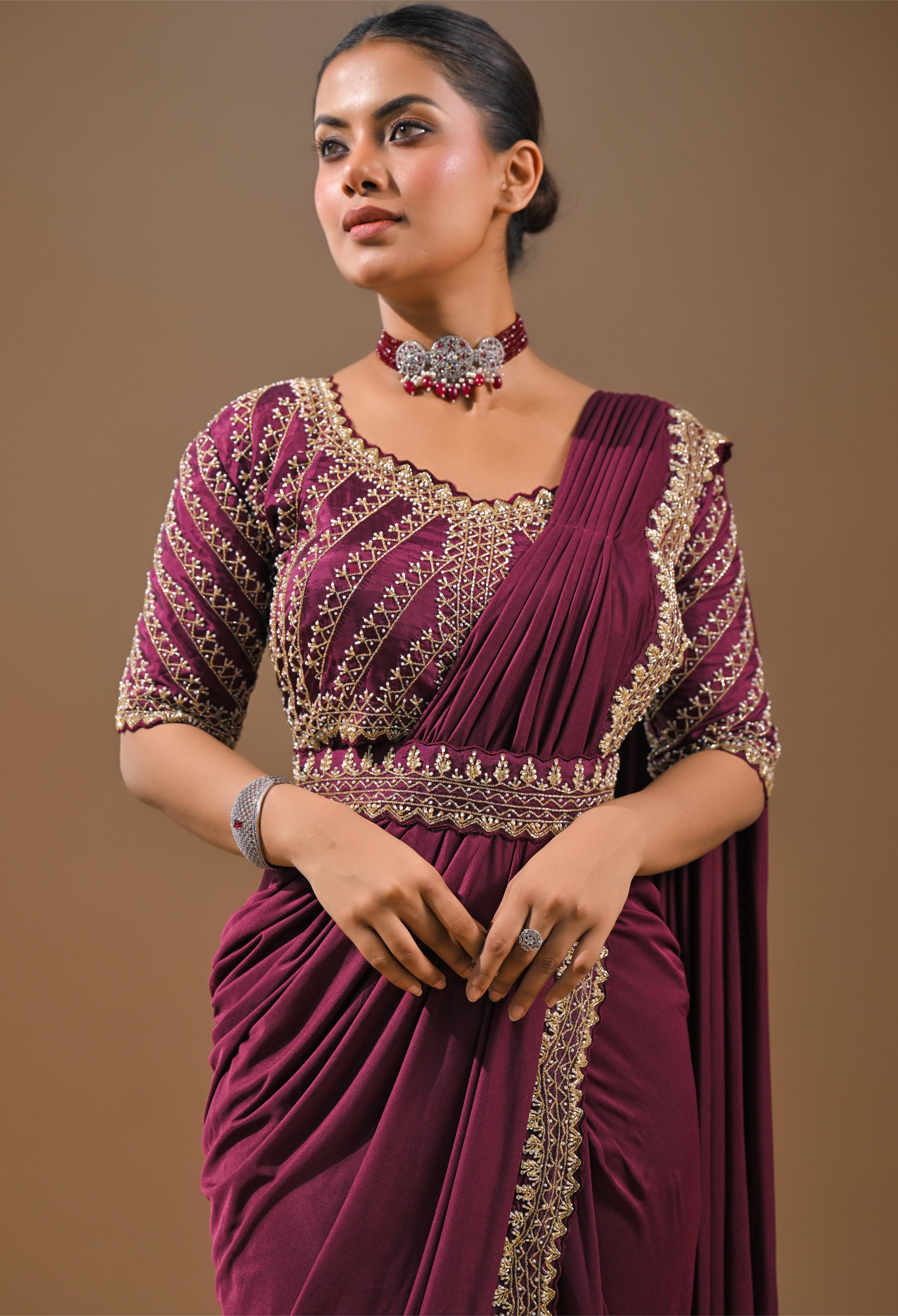 Dark Fuchsia Embellished Pleated Saree