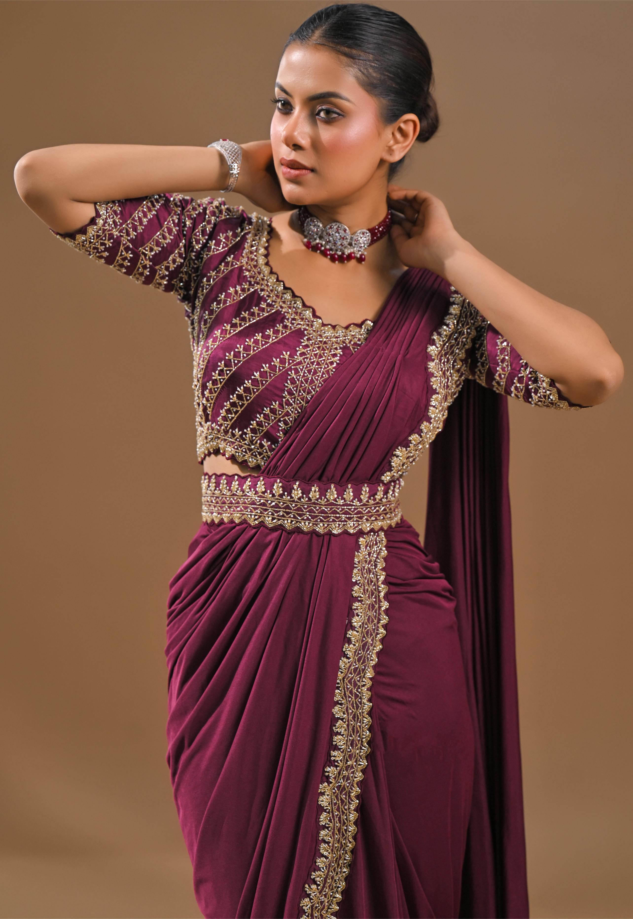 Dark Fuchsia Embellished Pleated Saree