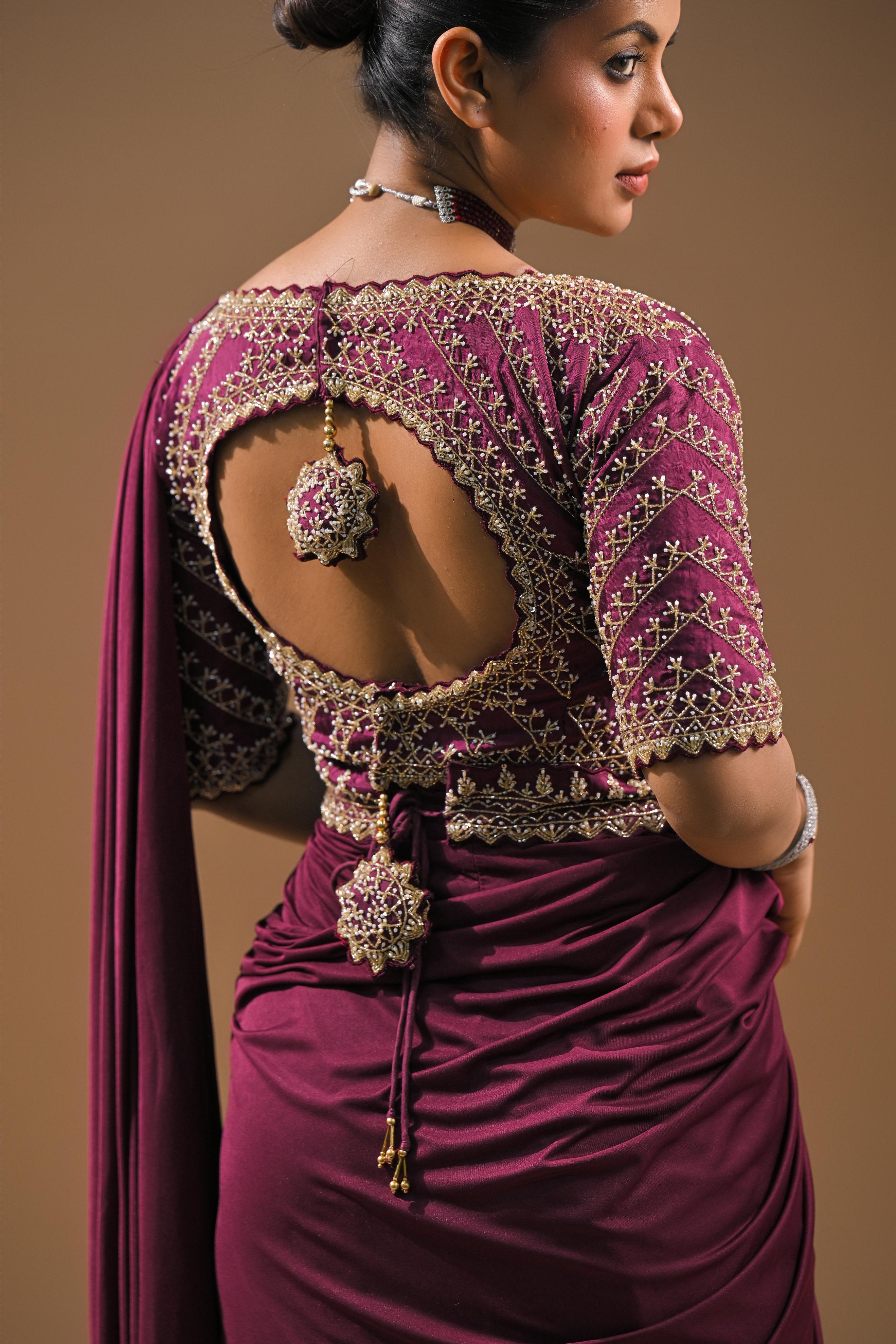 Dark Fuchsia Embellished Pleated Saree