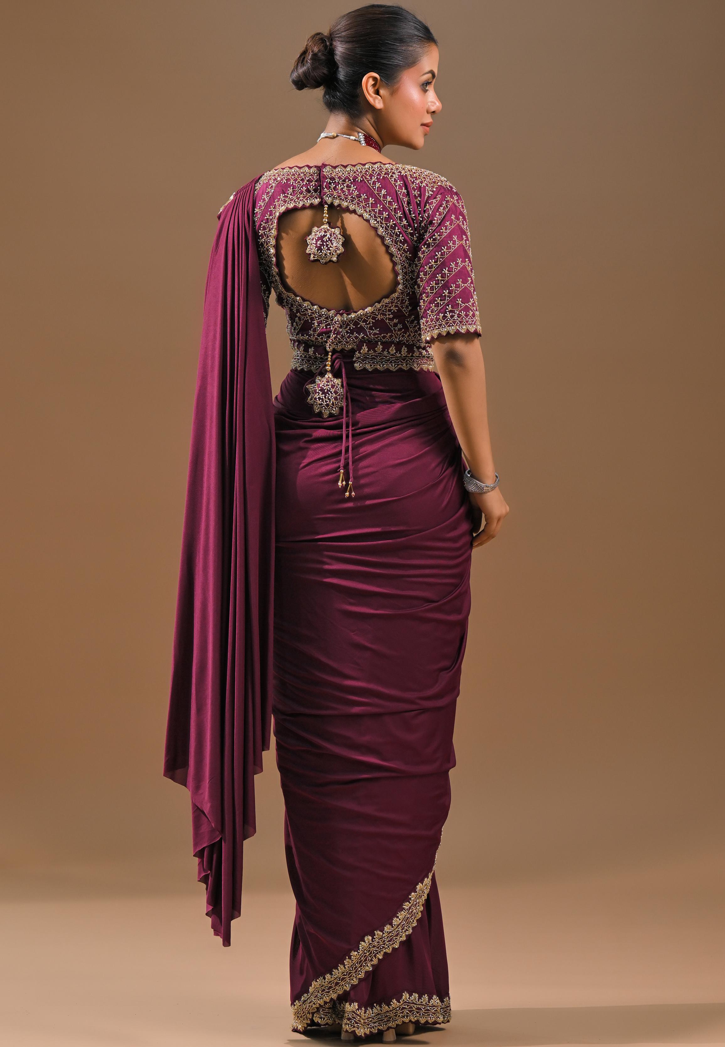 Dark Fuchsia Embellished Pleated Saree