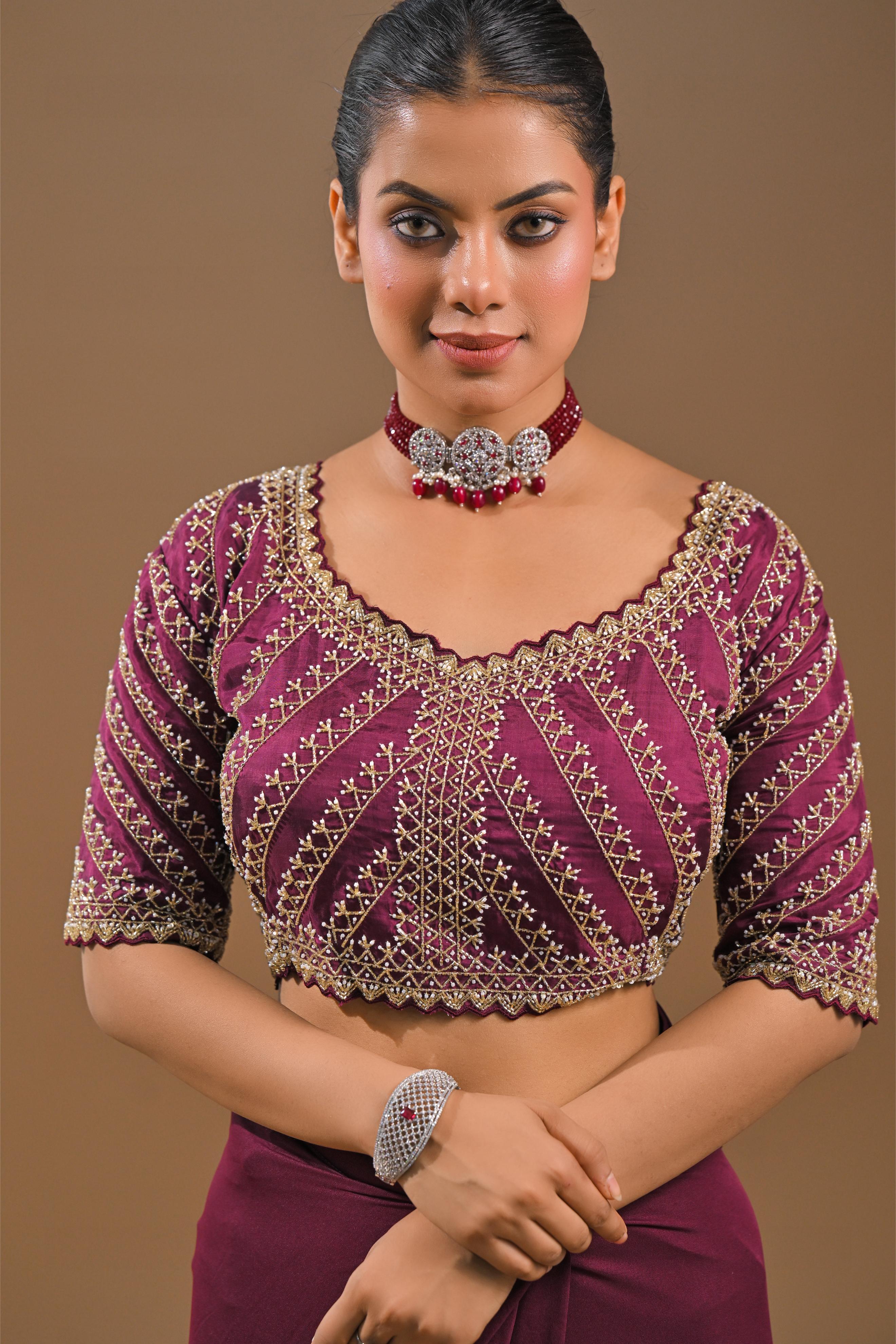 Dark Fuchsia Embellished Pleated Saree