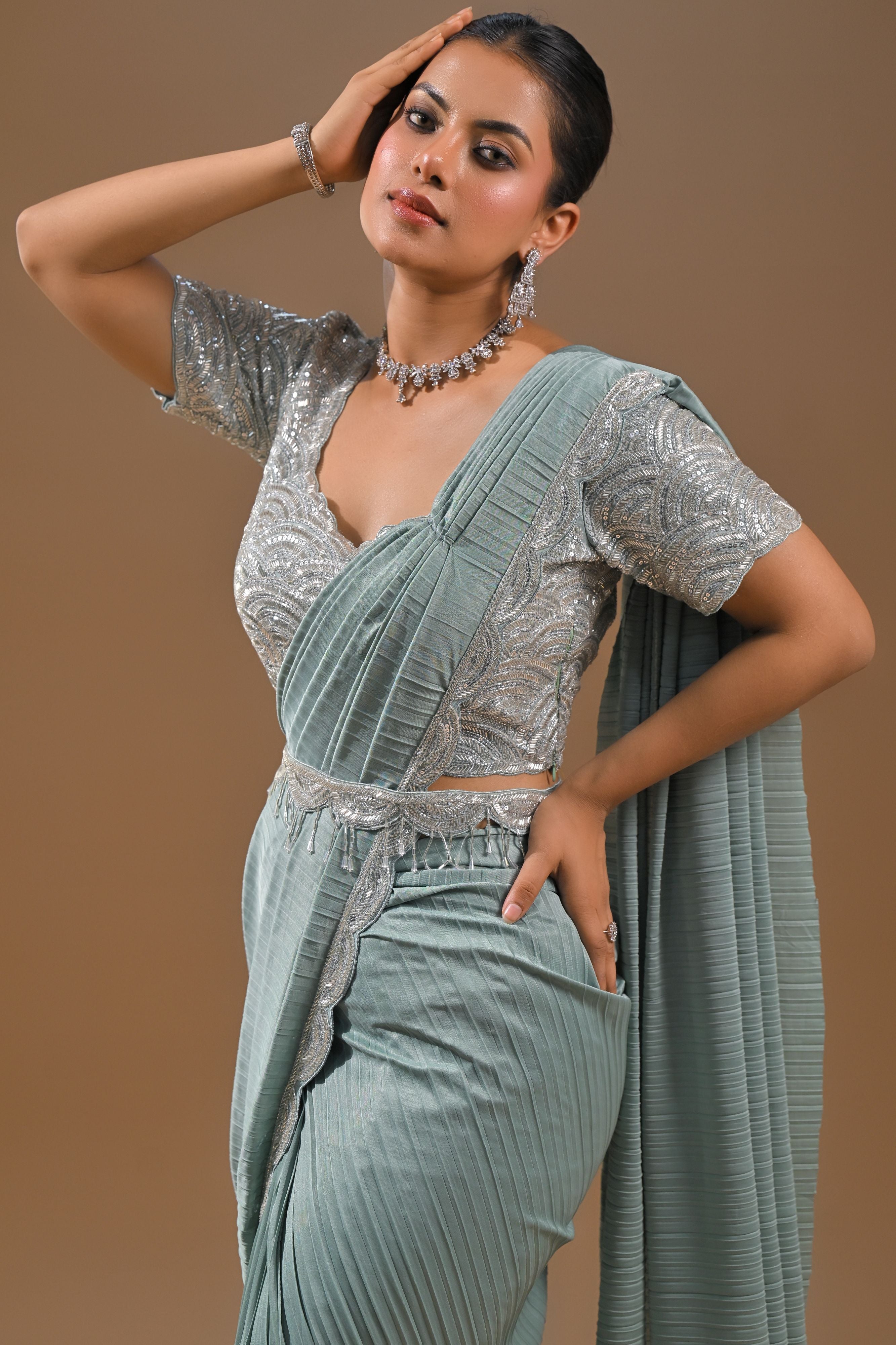 Light Blue Embellished Pleated Saree