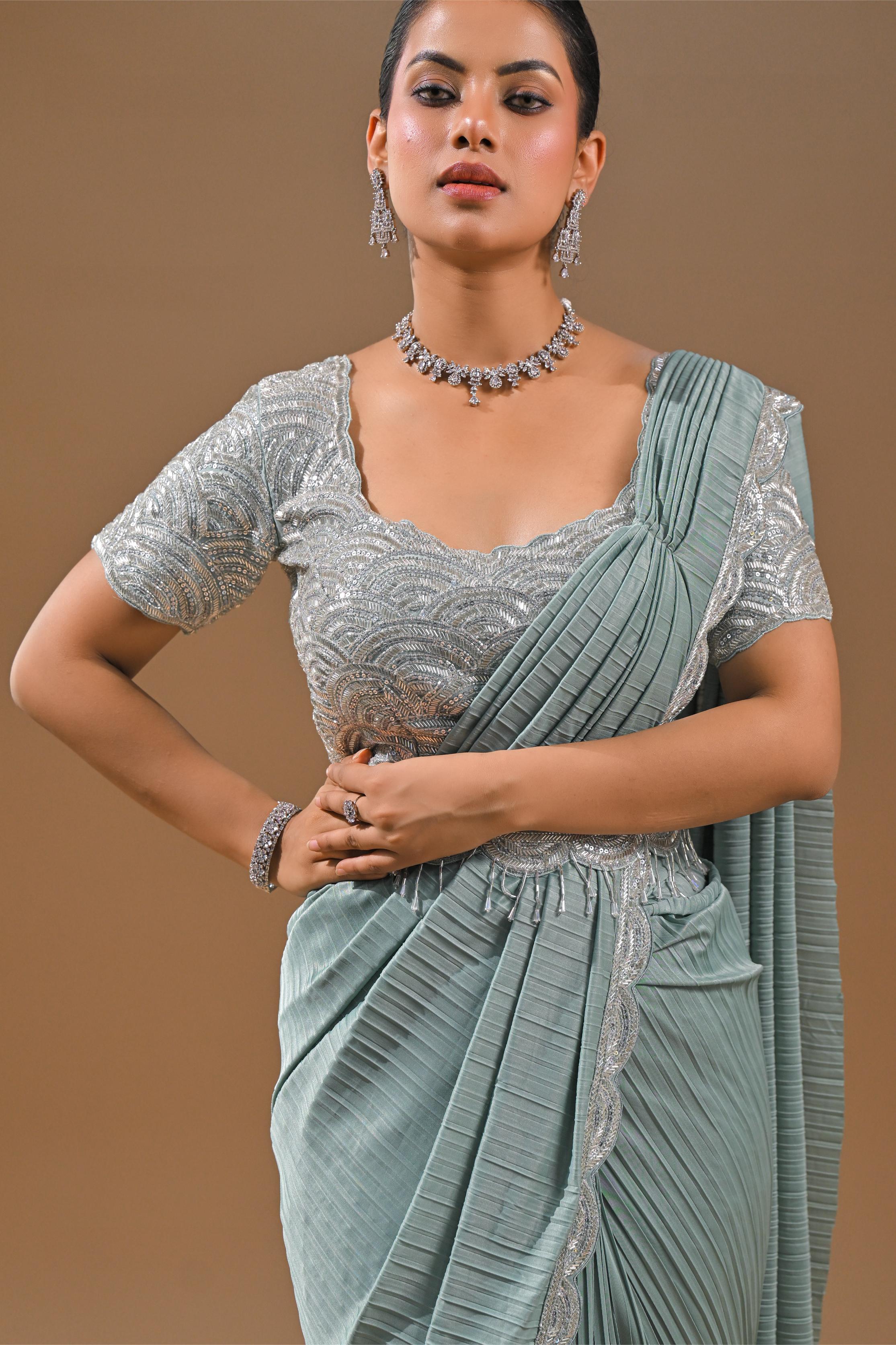 Light Blue Embellished Pleated Saree