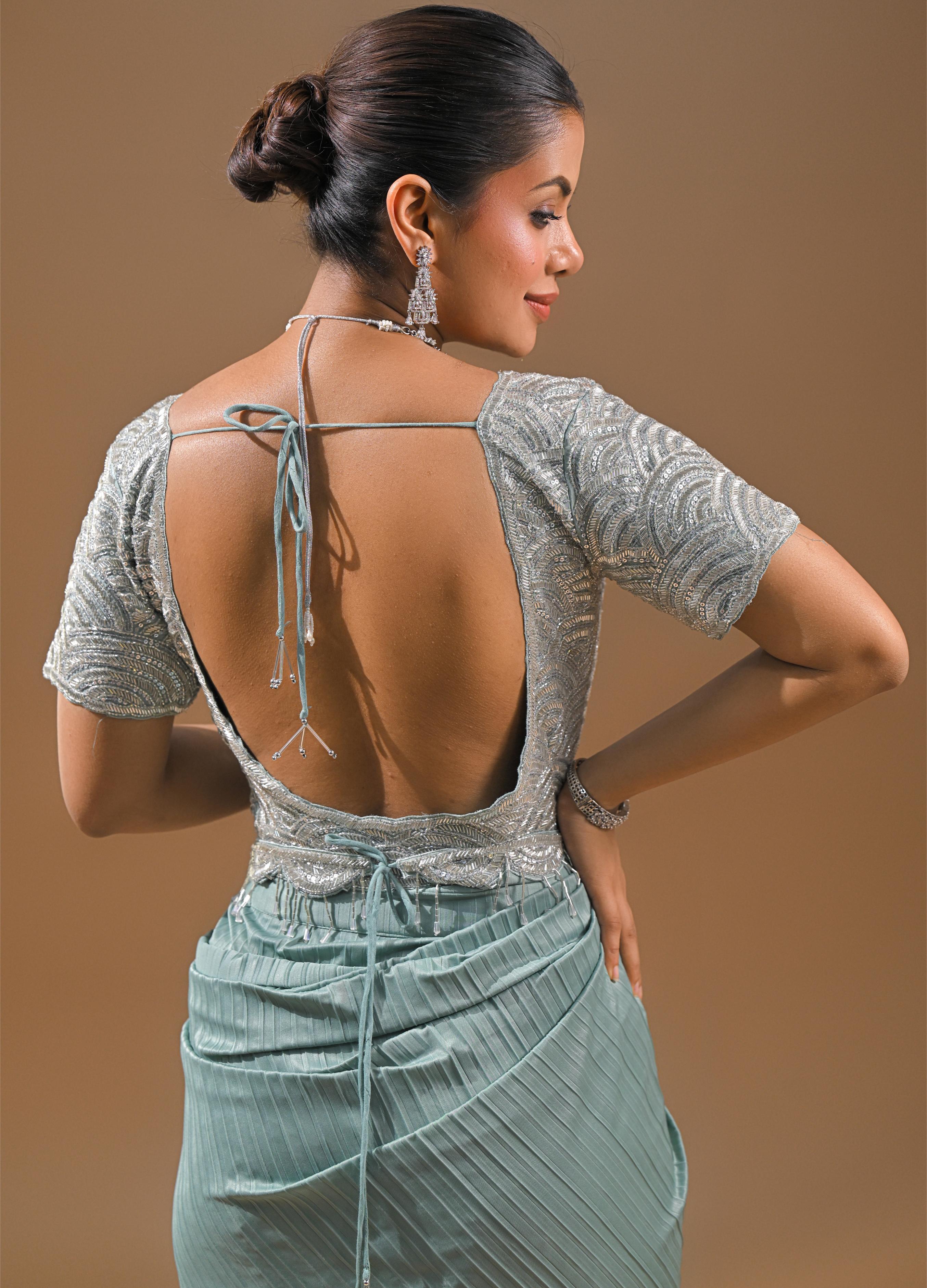 Light Blue Embellished Pleated Saree