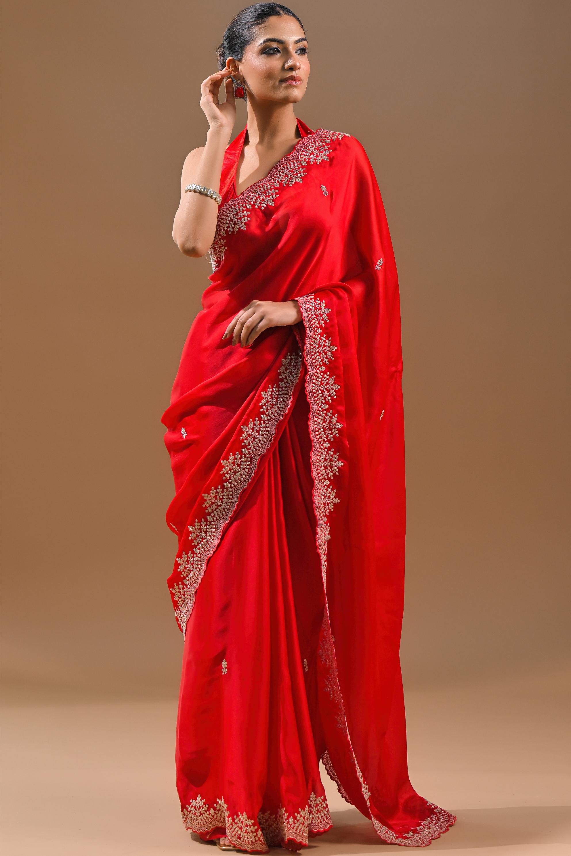 Hot Red Embellished Butter Silk Saree