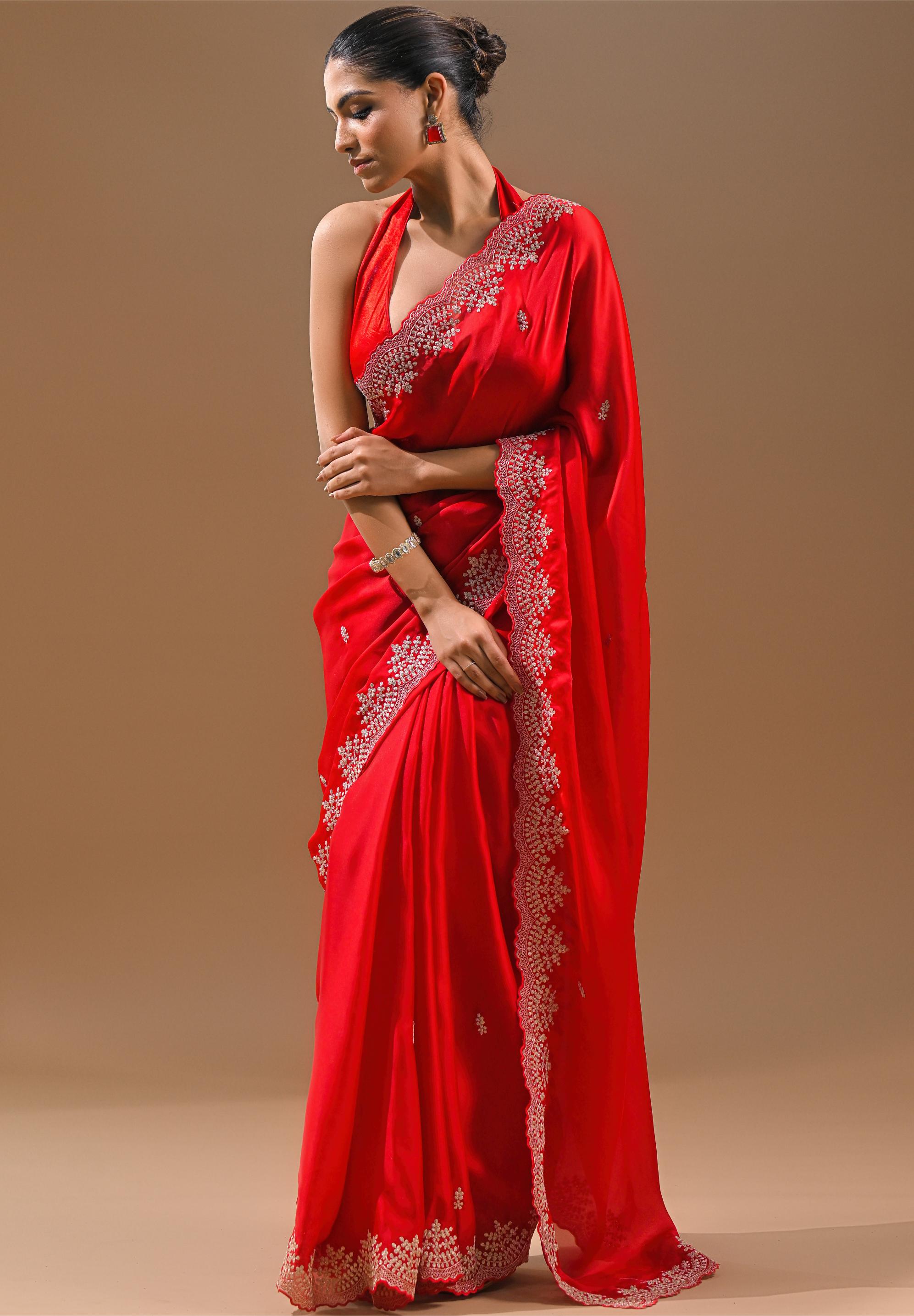 Hot Red Embellished Butter Silk Saree